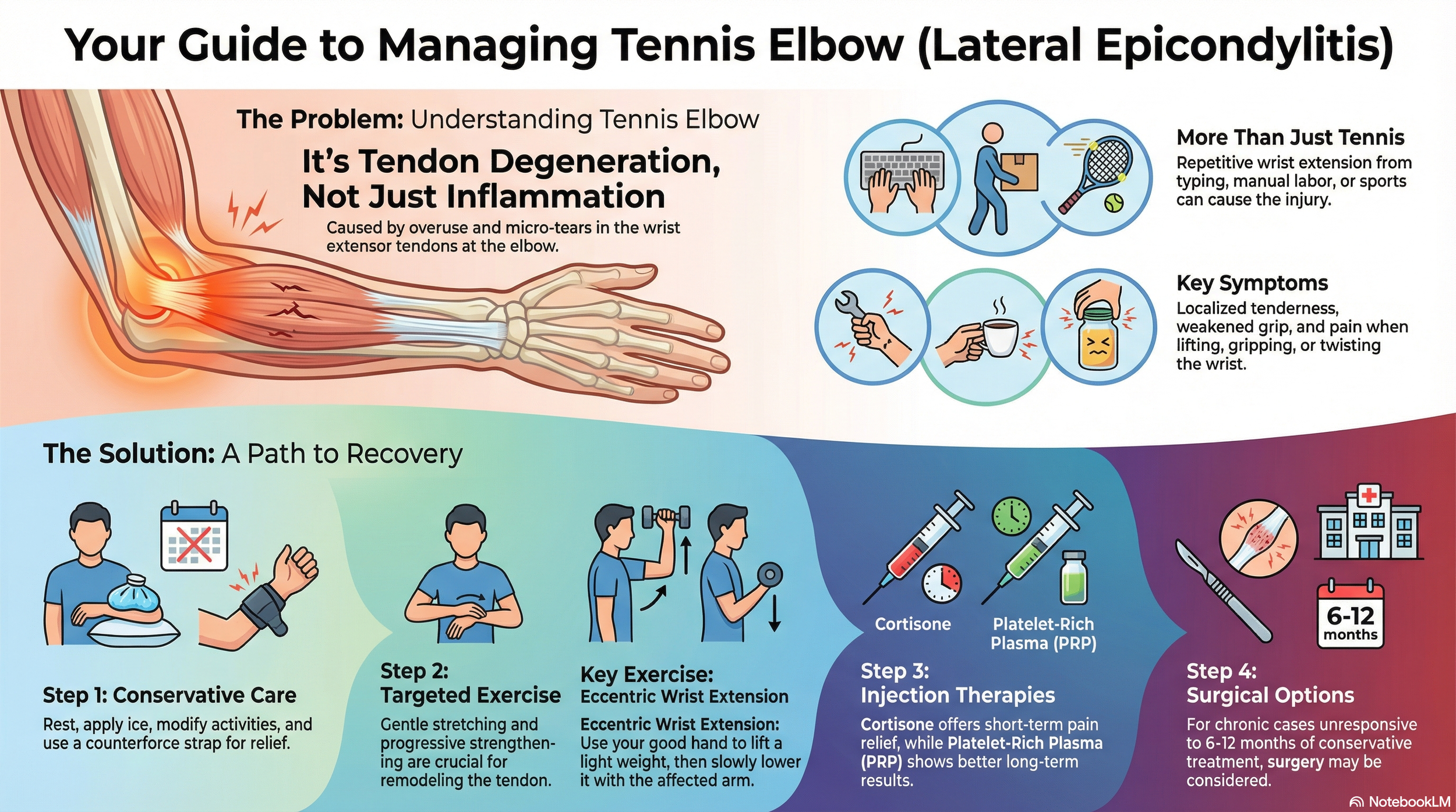 Infographic showing diagnosis and treatent of tennis elbow