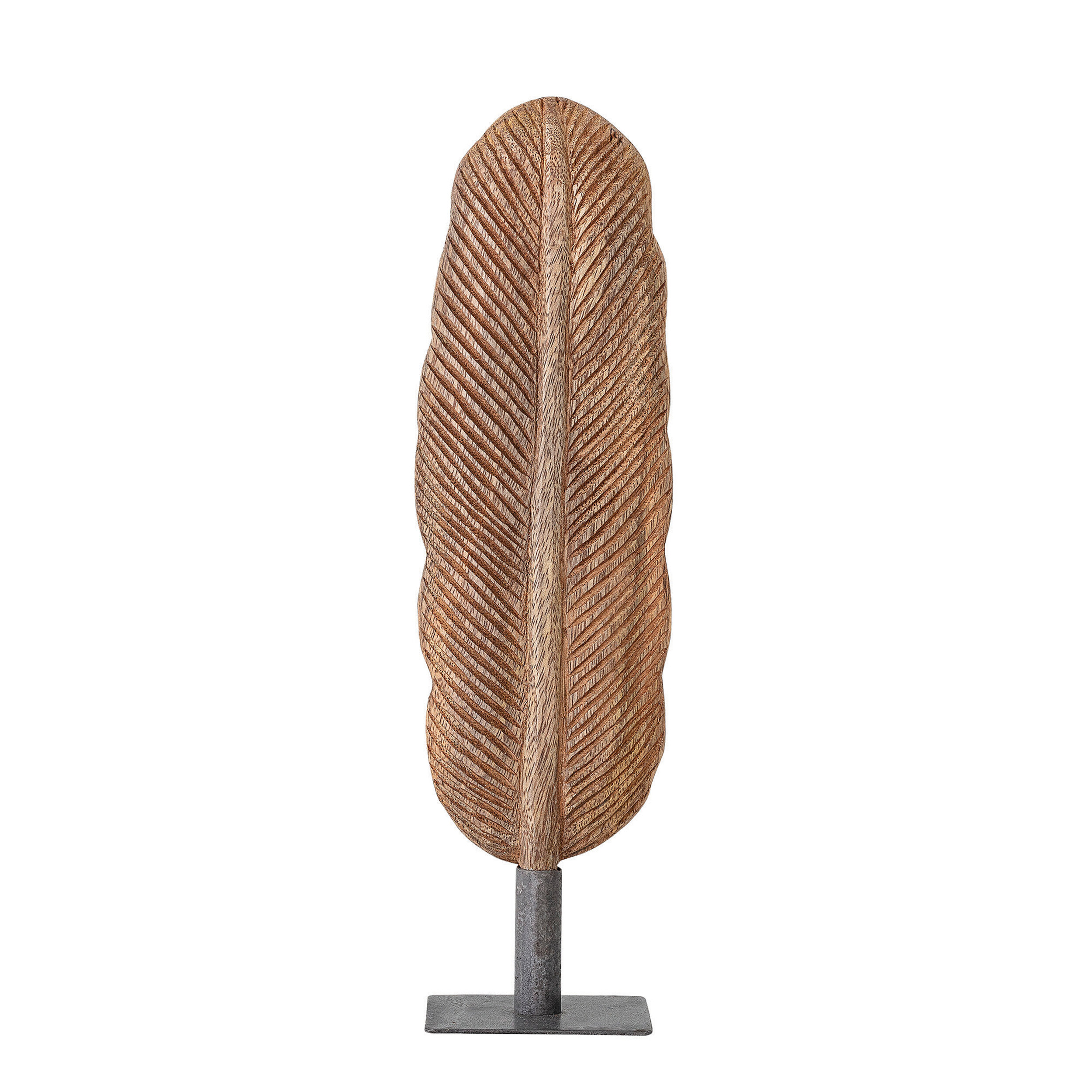 Hand-Carved Mango Wood Feather Figurine on Metal Stand