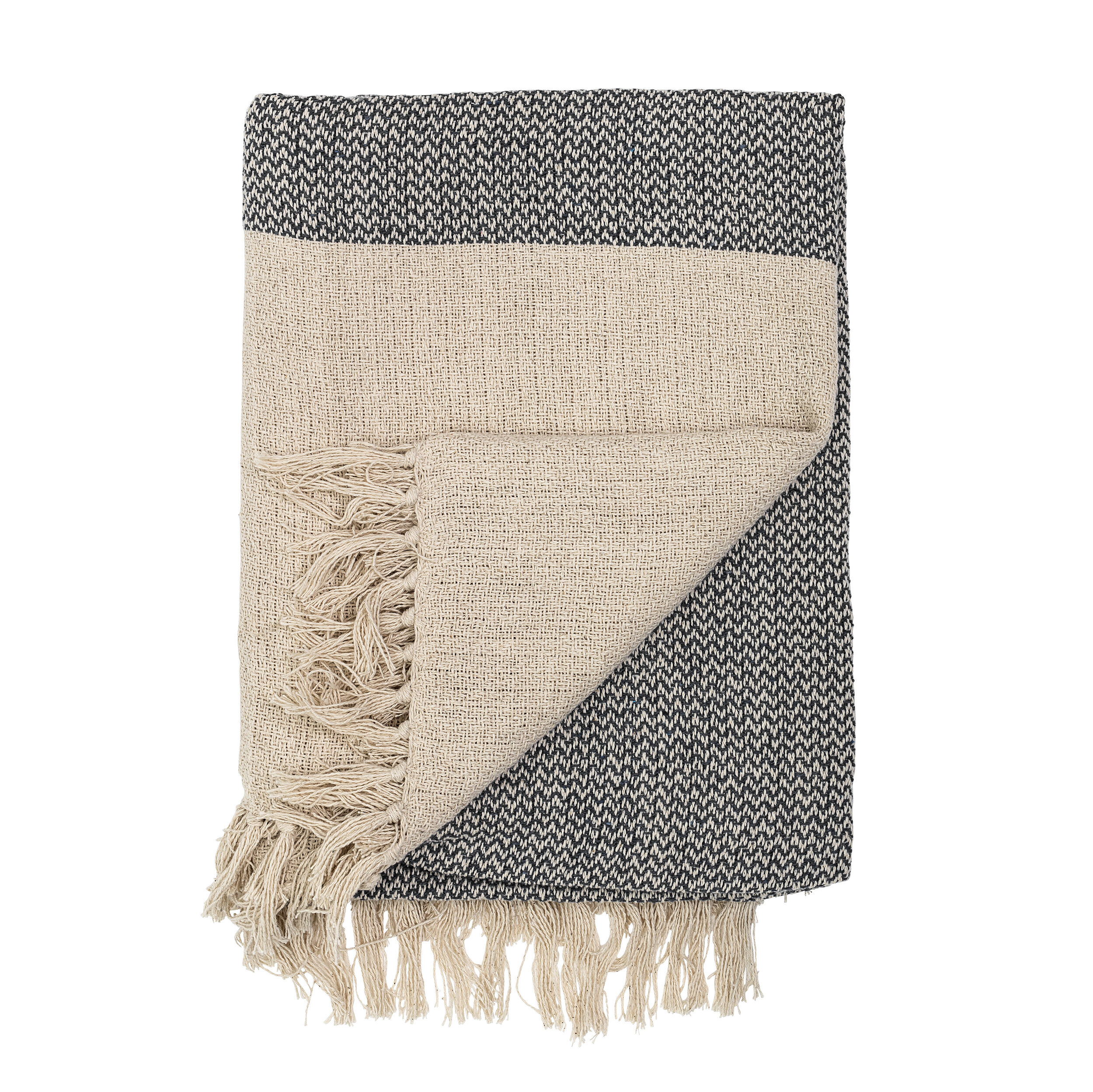 Grey &amp; Cream Cotton Knit Throw with Fringe
