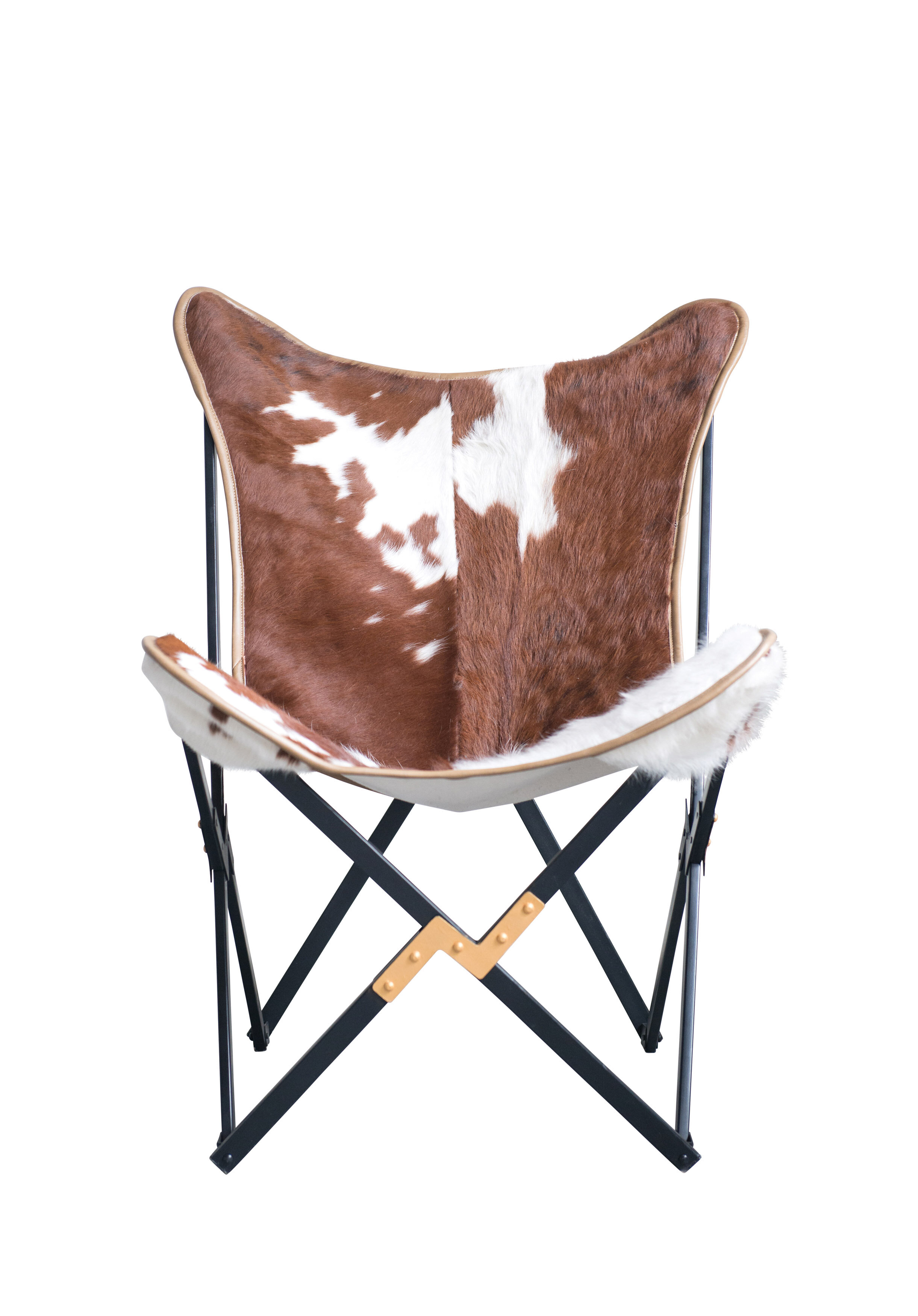 Cowhide Folding Butterfly Chair with Black &amp; Gold Metal Base (Each one will vary)