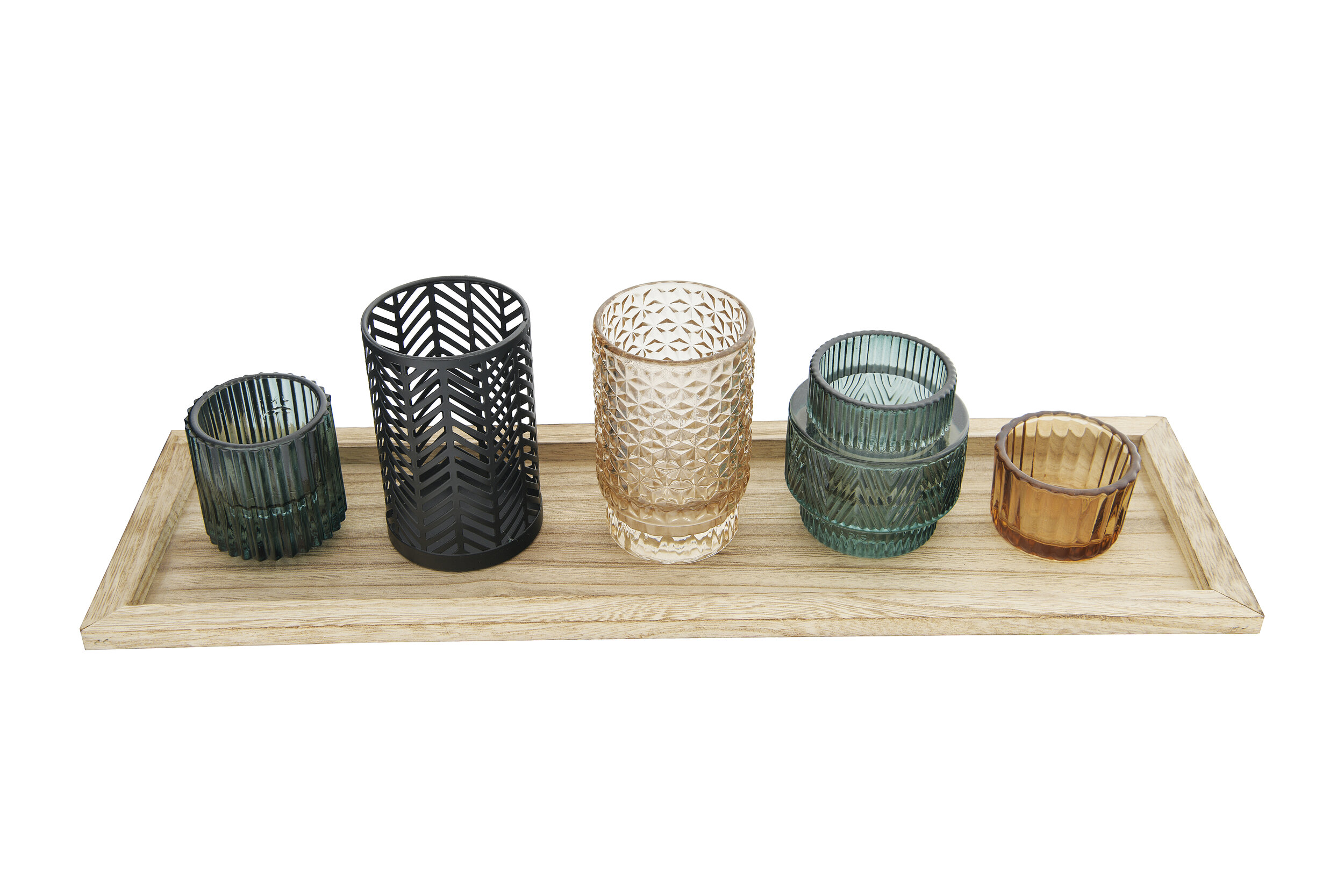 Votive Holders on Rectangle Wood Tray (Set of 6 Pieces)