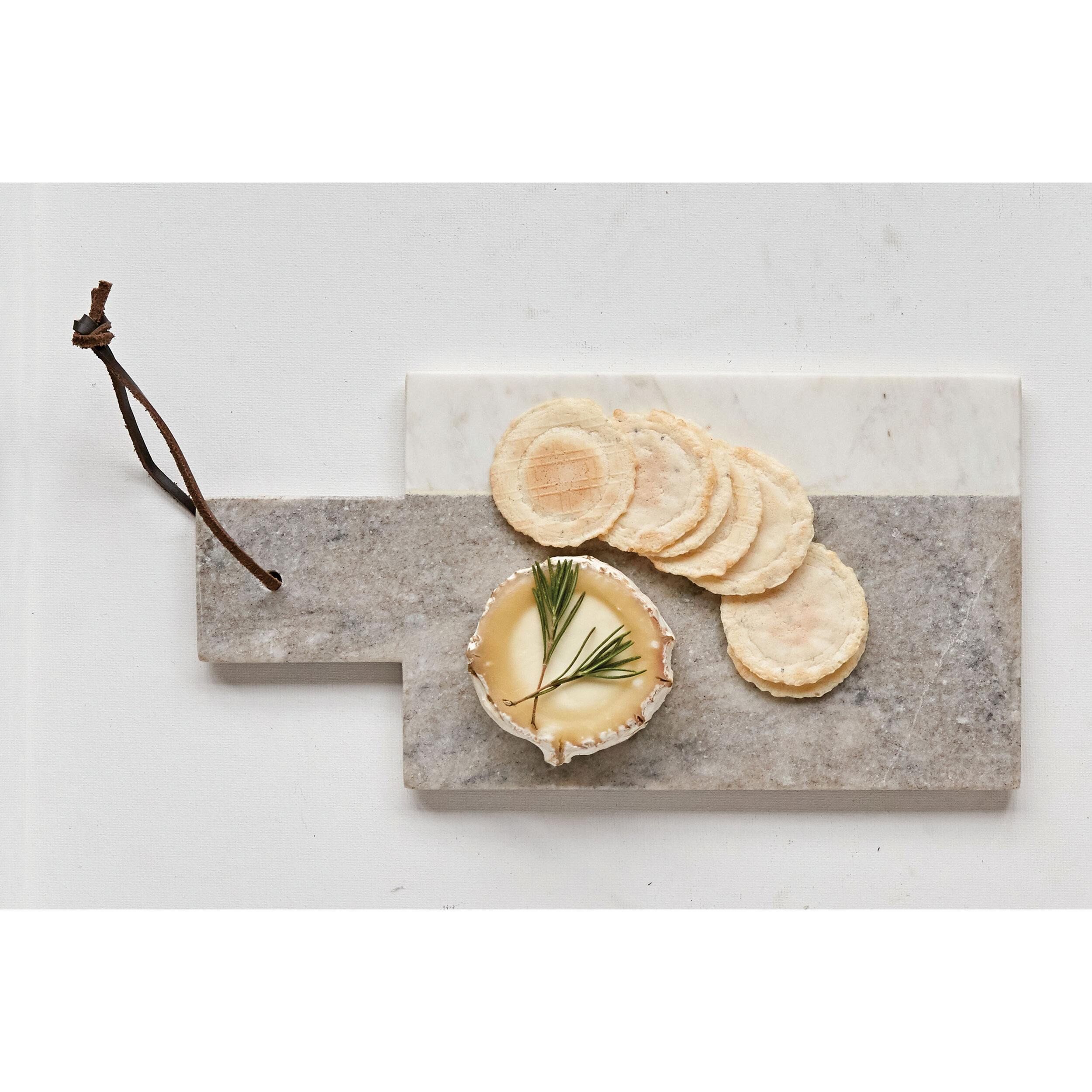 Grey &amp; White Rectangle Marble Cheese Board with Leather Tie