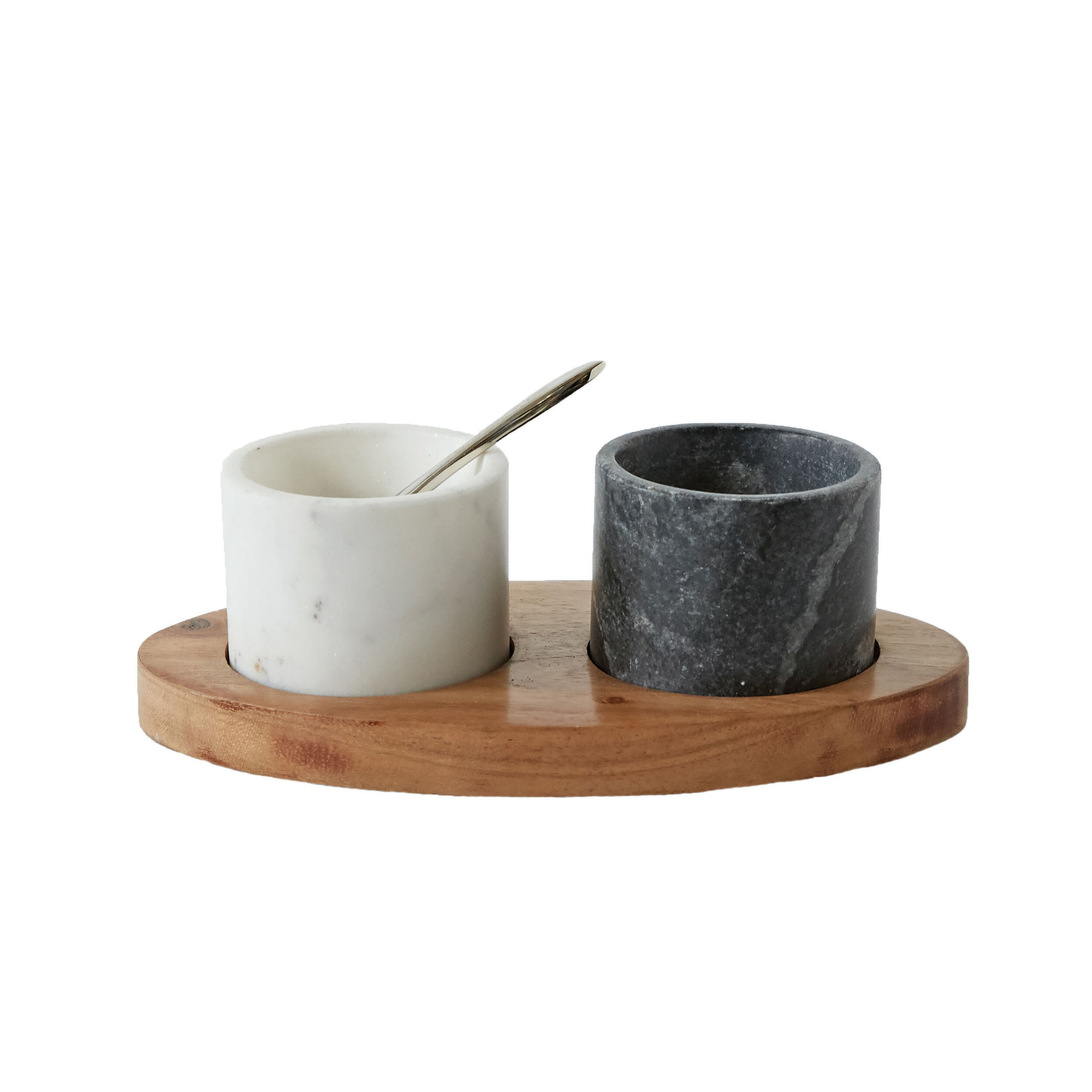 Marble Bowls on Mango Wood Tray with Brass Salt Spoon (Set of 4 Pieces)