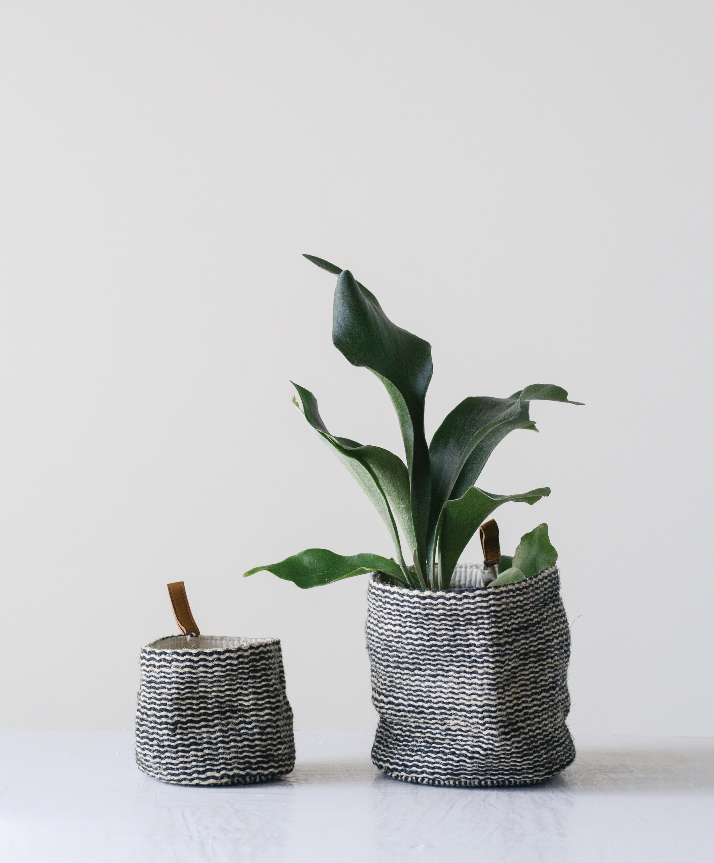 Jute Wall Baskets in Black Stripes with Leather Loop (Set of 2 Sizes)