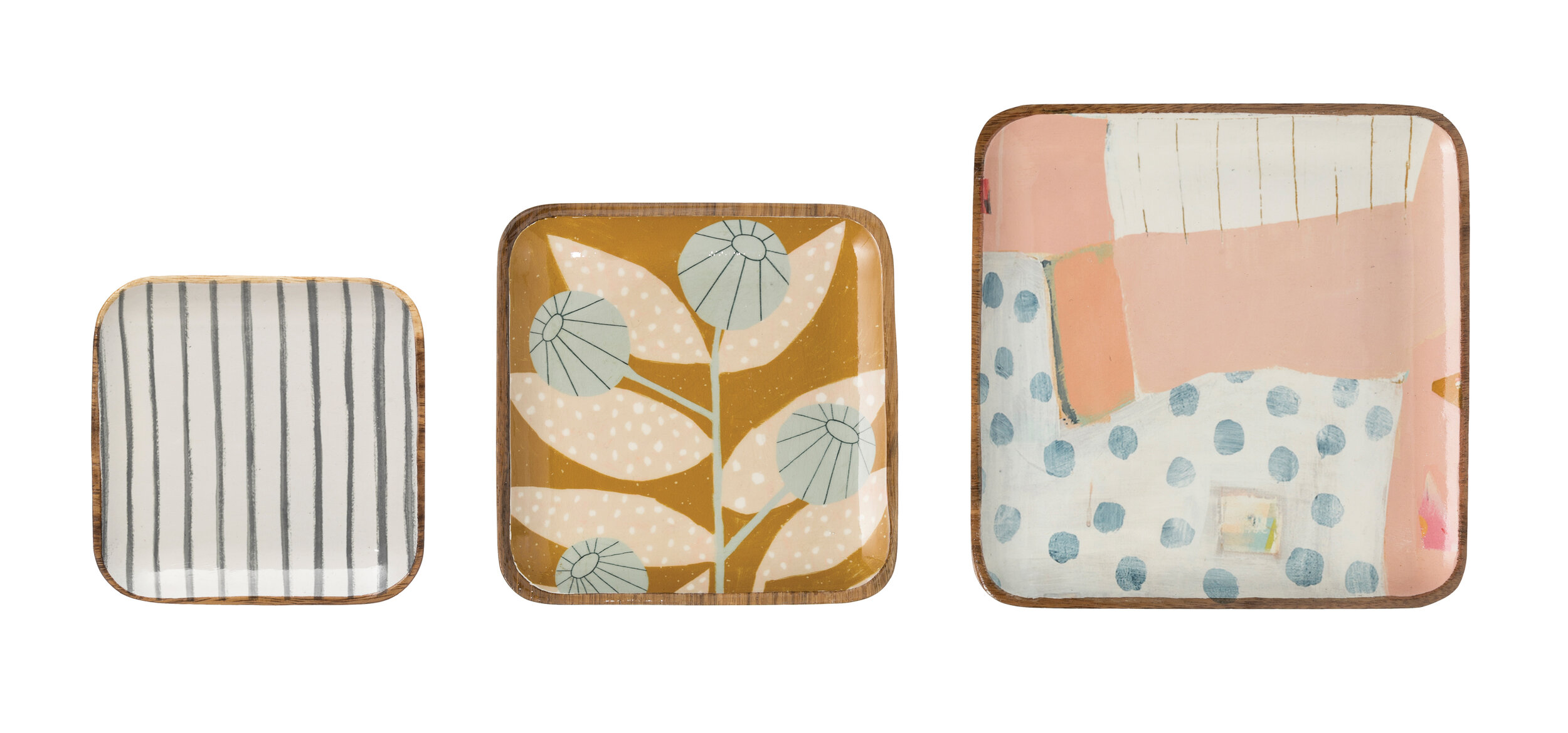 Square Enameled Acacia Wood Trays (Set of 3 Sizes/Patterns)