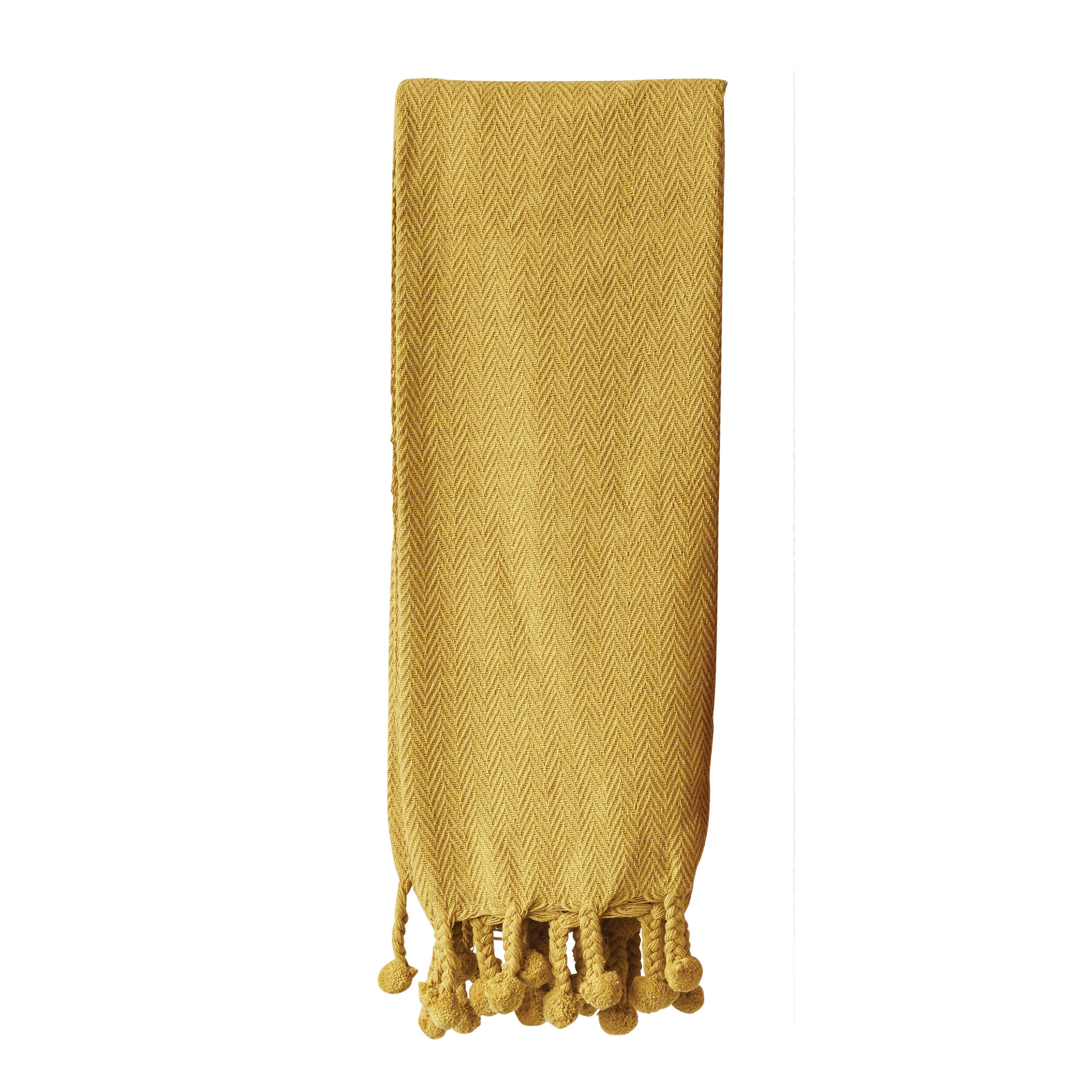 Mustard Cotton Throw with Pom Poms