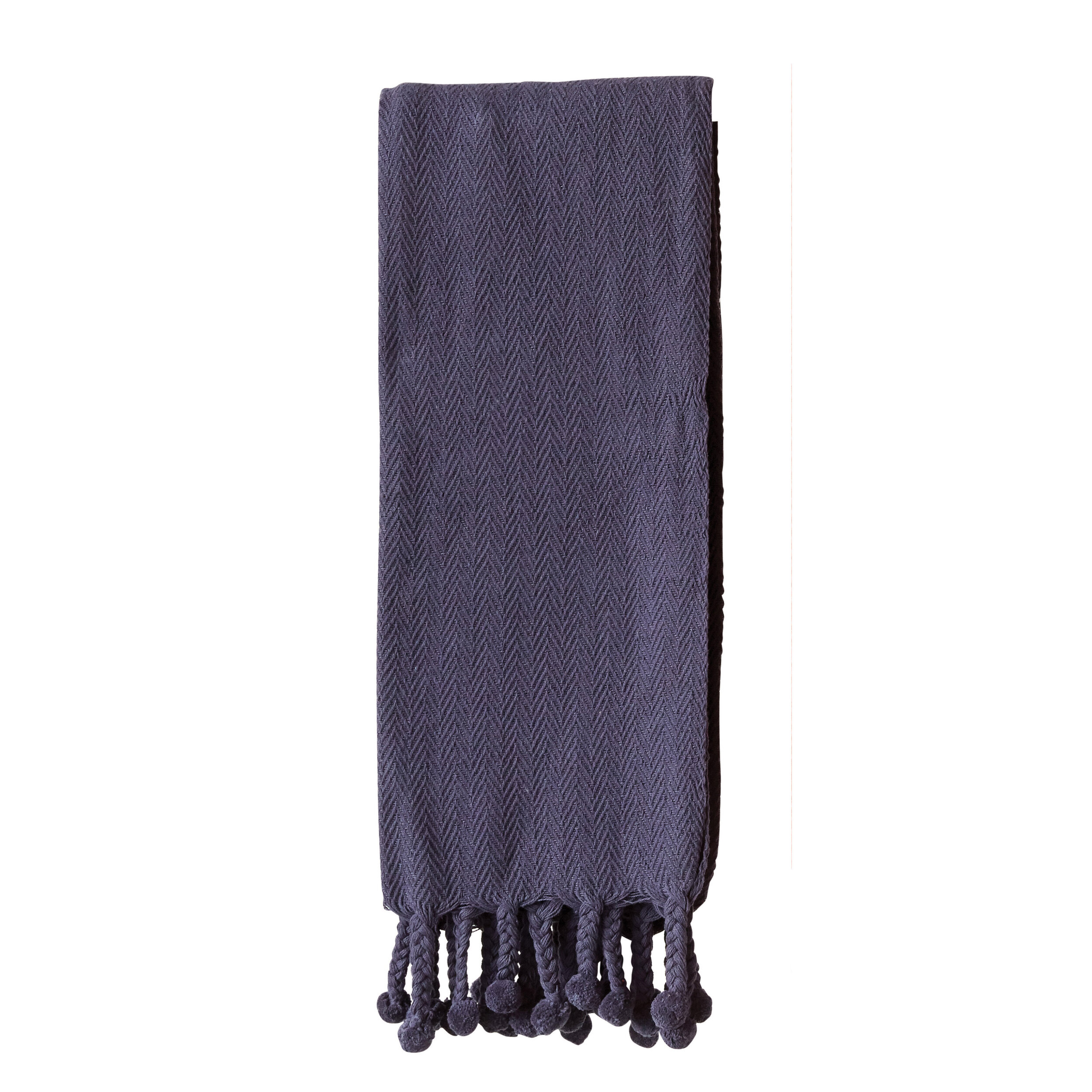 Navy Cotton Throw with Pom Poms