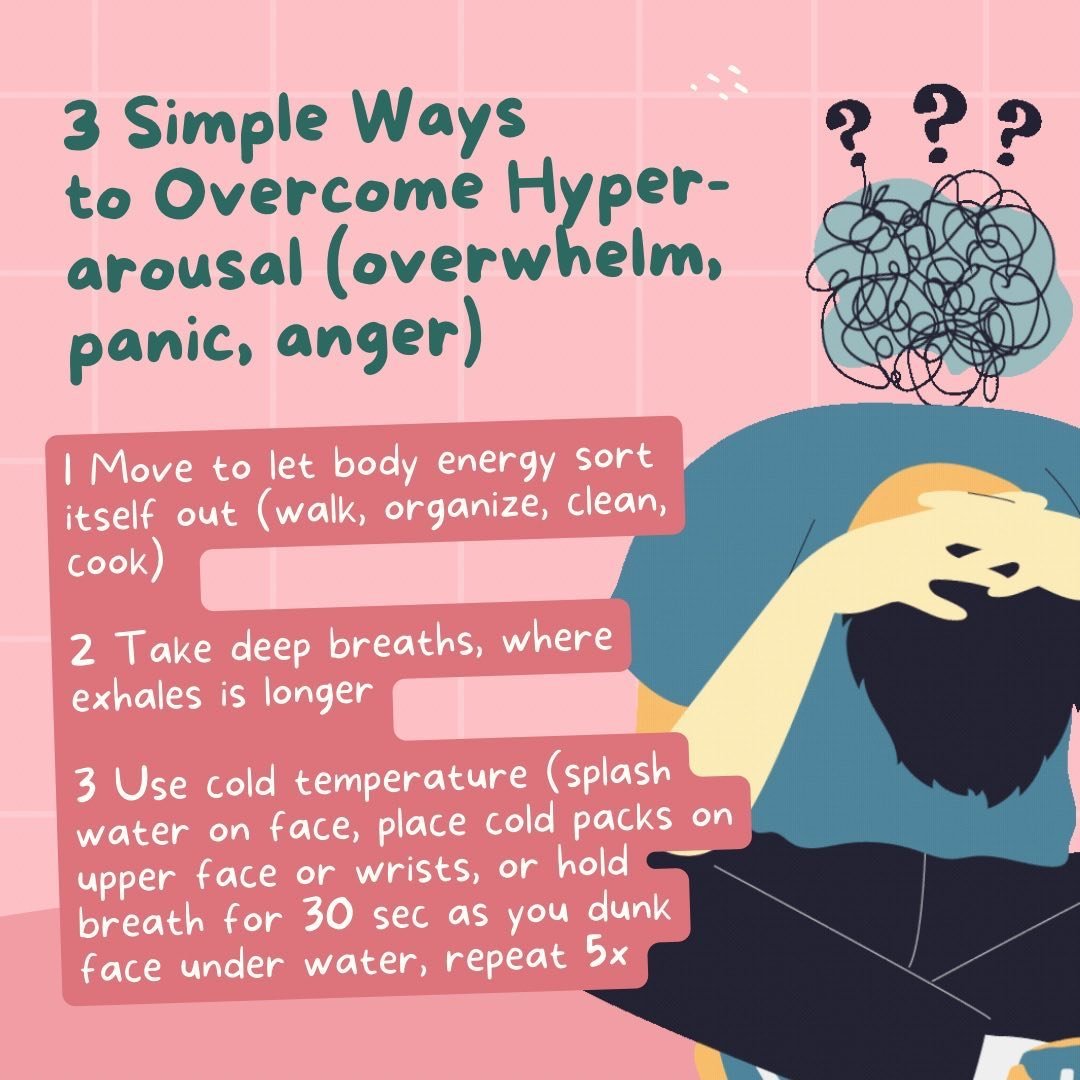 Feeling extreme anxiety, anger or overwhelm? If so, you may feel out of control and on high alert for threat. Like your body wants to fight or run away. Try these strategies to calm down your nervous system. Follow me for more tips and let me know wh
