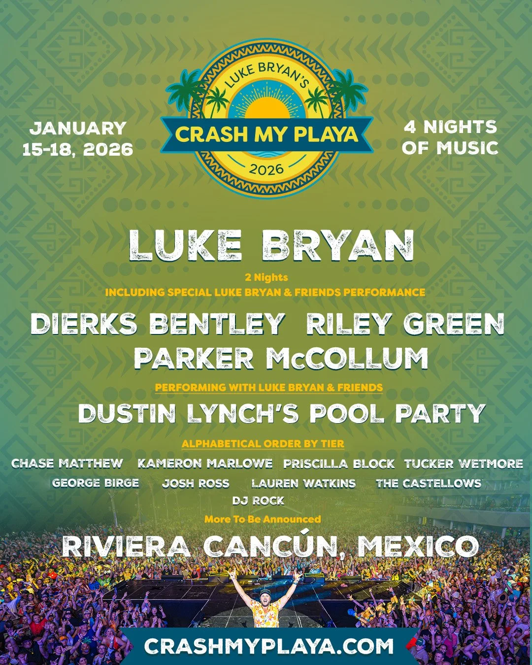 Luke Bryan’s Crash My Playa Reveals 2026 Lineup Featuring Dierks Bentley, Riley Green, Parker McCollum, Dustin Lynch &amp; More