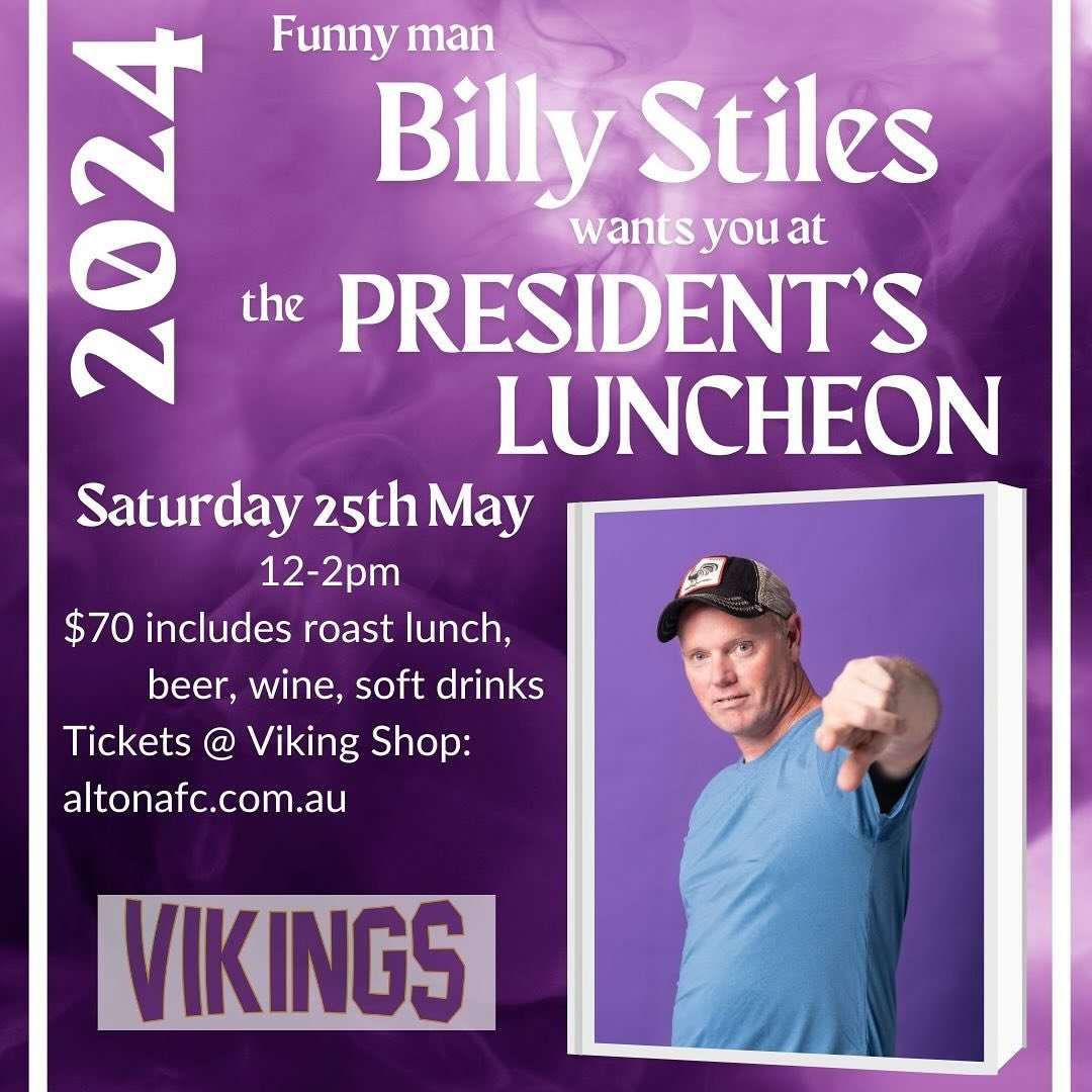 Here we go! The next event for 2024, we see JR hosting his first President&rsquo;s Luncheon on Saturday 25th May, featuring funny man Billy Stiles. 
$70 per person, includes a full roast lunch, beer, wine, soft drink and entertainment from 12-2pm. St
