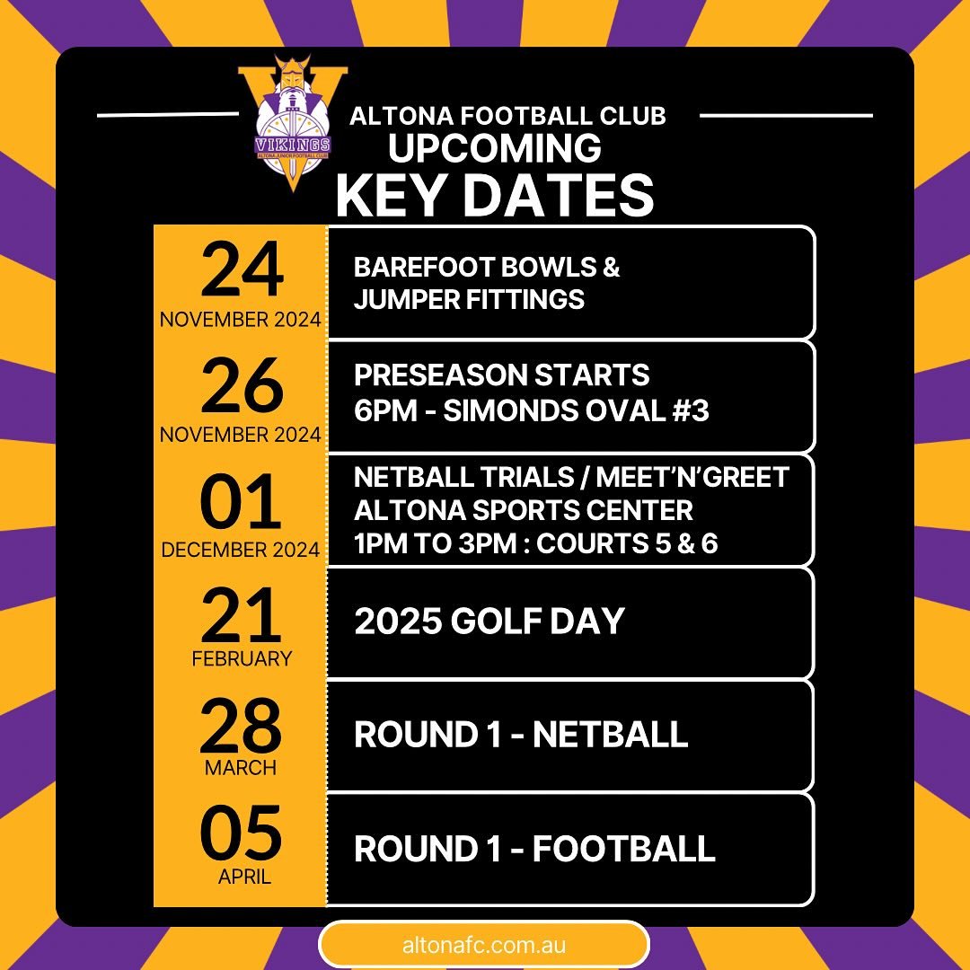 Pop these into your calendar! 
Some early key dates to keep in mind when planning the next few weeks into 2025. 

Barefoot bowls - Player Jumper Fittings
Preseason 
2025 Golf Day
Season Start

Keep up to date by heading over to Team App and joining t