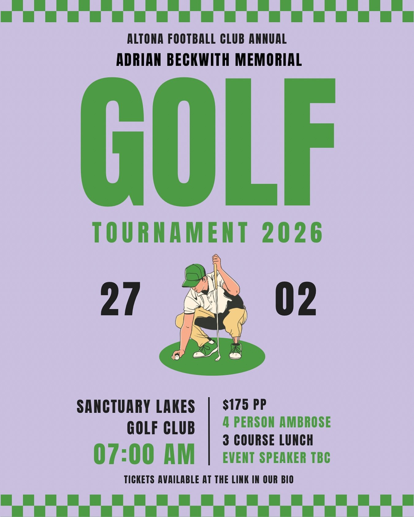 ⛳️ 2026 AFC GOLF DAY

We&rsquo;re proud to announce our 2026 Annual Adrian Beckwith Memorial Golf Tournament - now teeing off at Sanctuary Lakes Golf Club for the first time! ⛳️

📅 Friday, Feb 27, 2026
🕖 7:00 AM shotgun start
💰 $175 per person 
4️