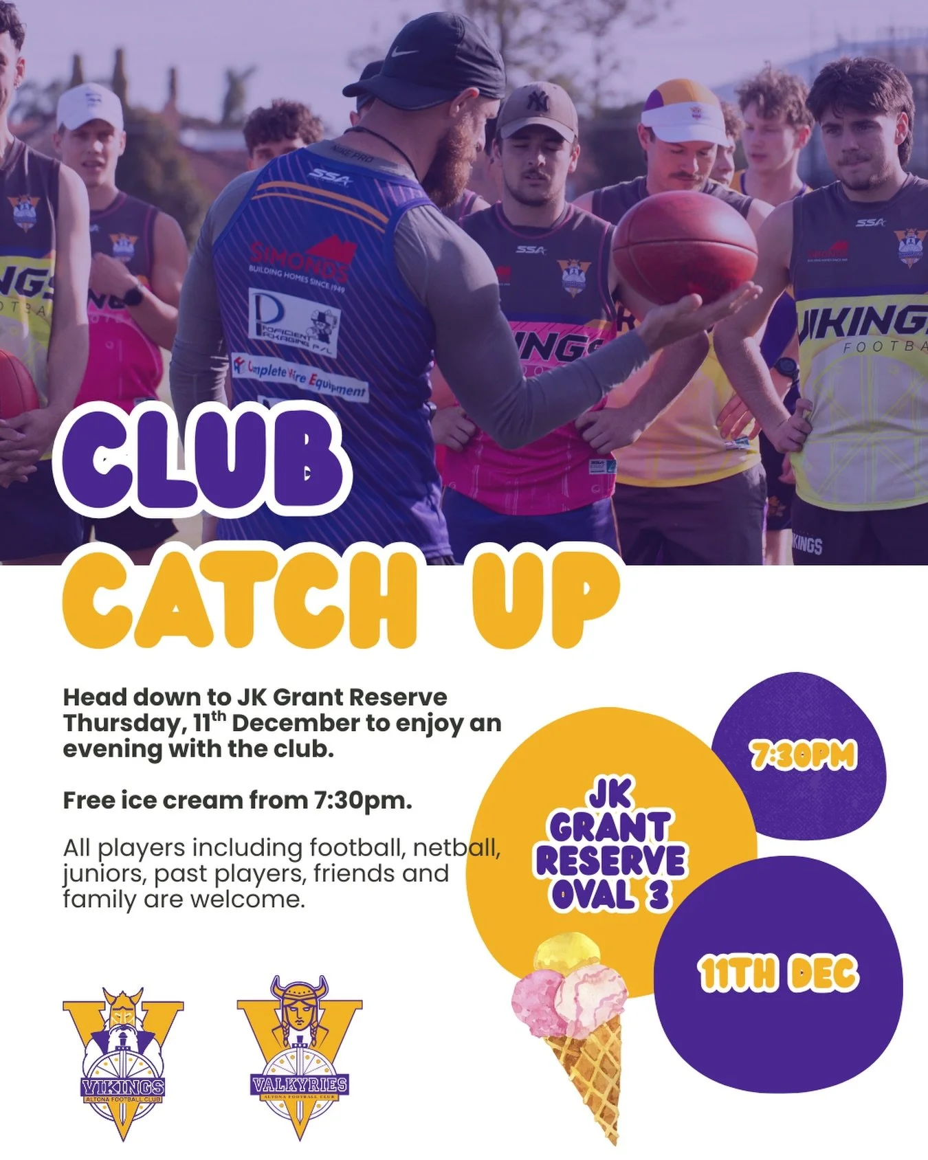 C L U B  C A T C H  U P 💛💜

Everyone&rsquo;s welcome down at senior training this Thursday! 

Come down for a kick, free ice cream and some fun!

📅 Thursday 11th December
⏰ 7:30pm
📍 JK Grant Reserve - 3rd oval