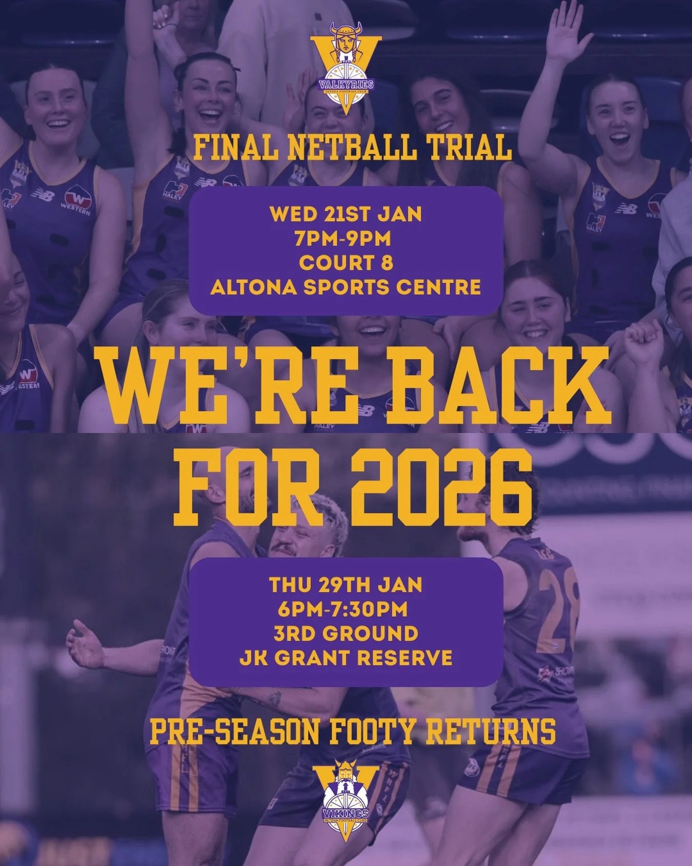 WE&rsquo;RE BACK FOR 2026!

The Altona Football Club is gearing up for a huge season ahead! Looking forward to seeing everyone&rsquo;s smiling faces around the club as we get dialled in for a strong 2026.

NETBALL - FINAL TRIAL
🏐 Final trial before 