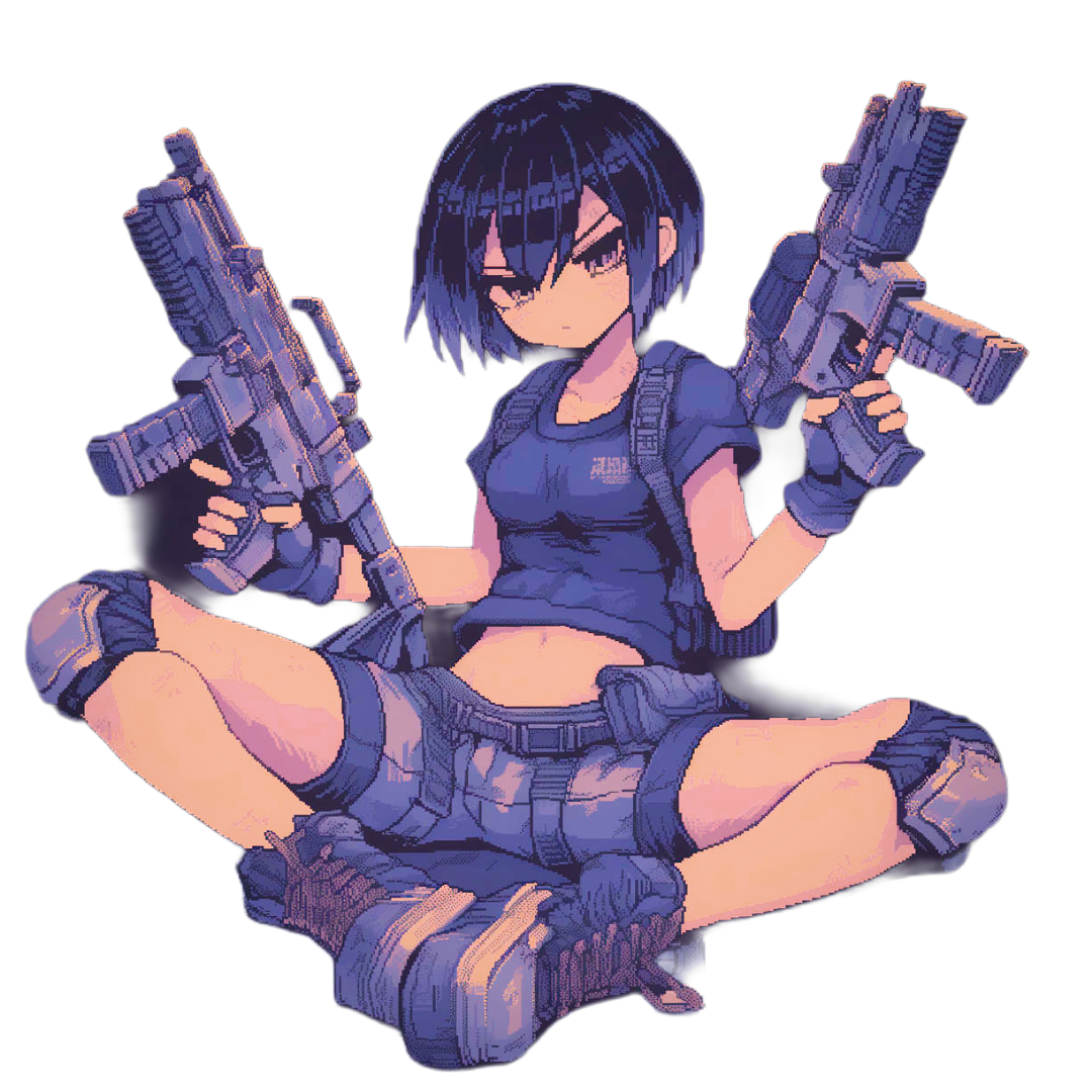 Anime-style girl with black hair and serious expression, sitting cross-legged while holding two large guns, wearing tactical gear and rugged clothing.