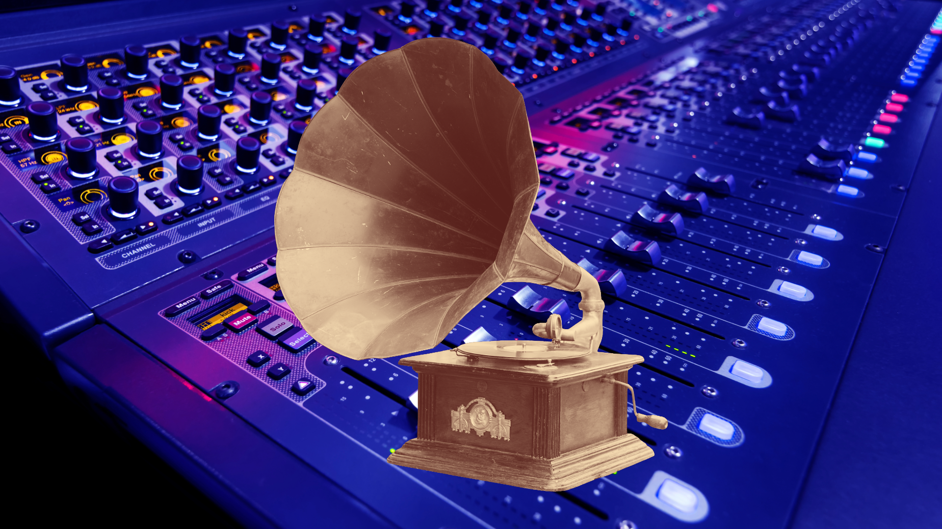 A vintage gramophone with a large horn sitting on a professional audio mixing console with numerous colorful controls and sliders.