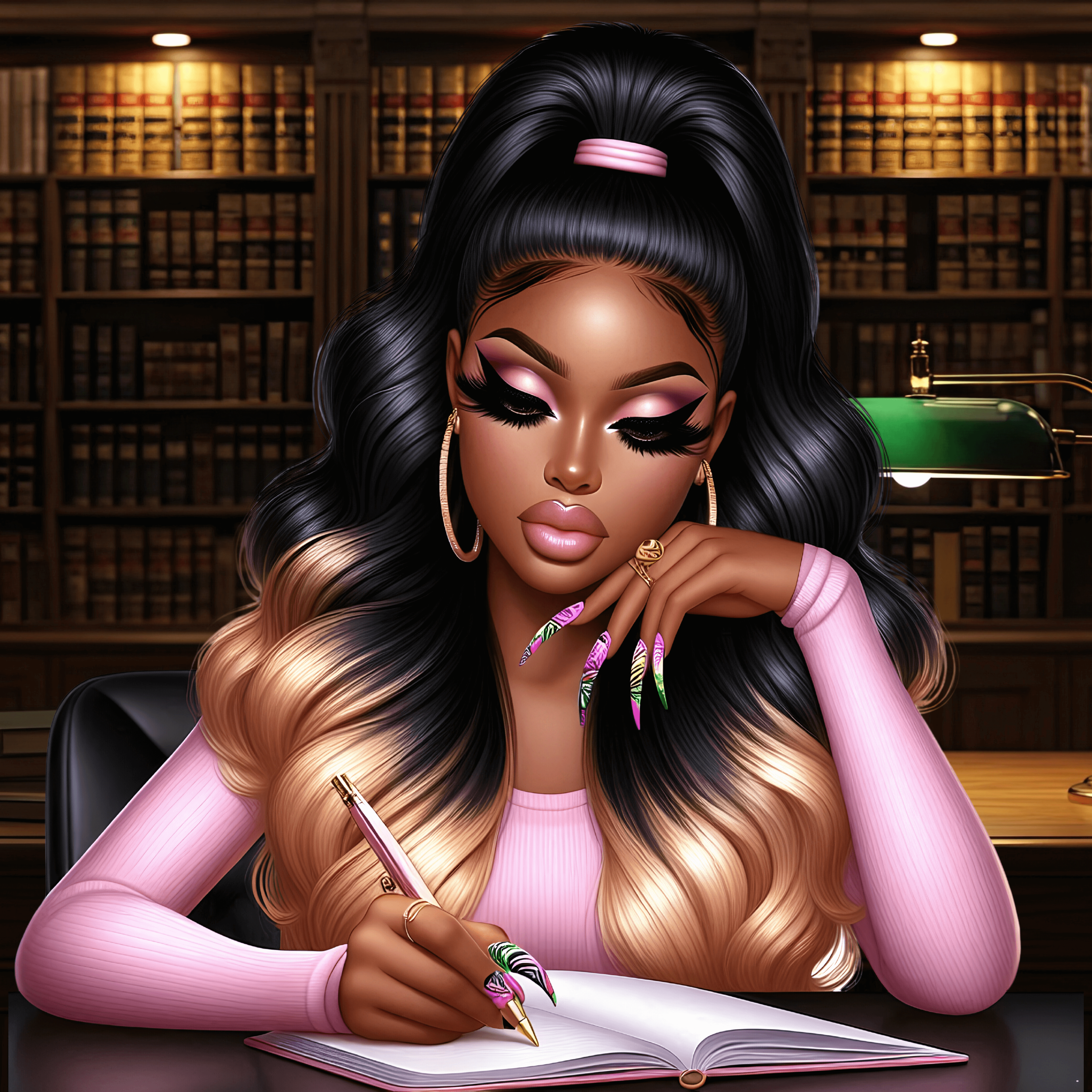 A digital illustration of a woman with long, wavy hair, wearing pink and black makeup, large hoop earrings, and colorful, decorated nails. She is seated at a desk with a pen in hand, in a library setting with wooden shelves filled with books in the background.