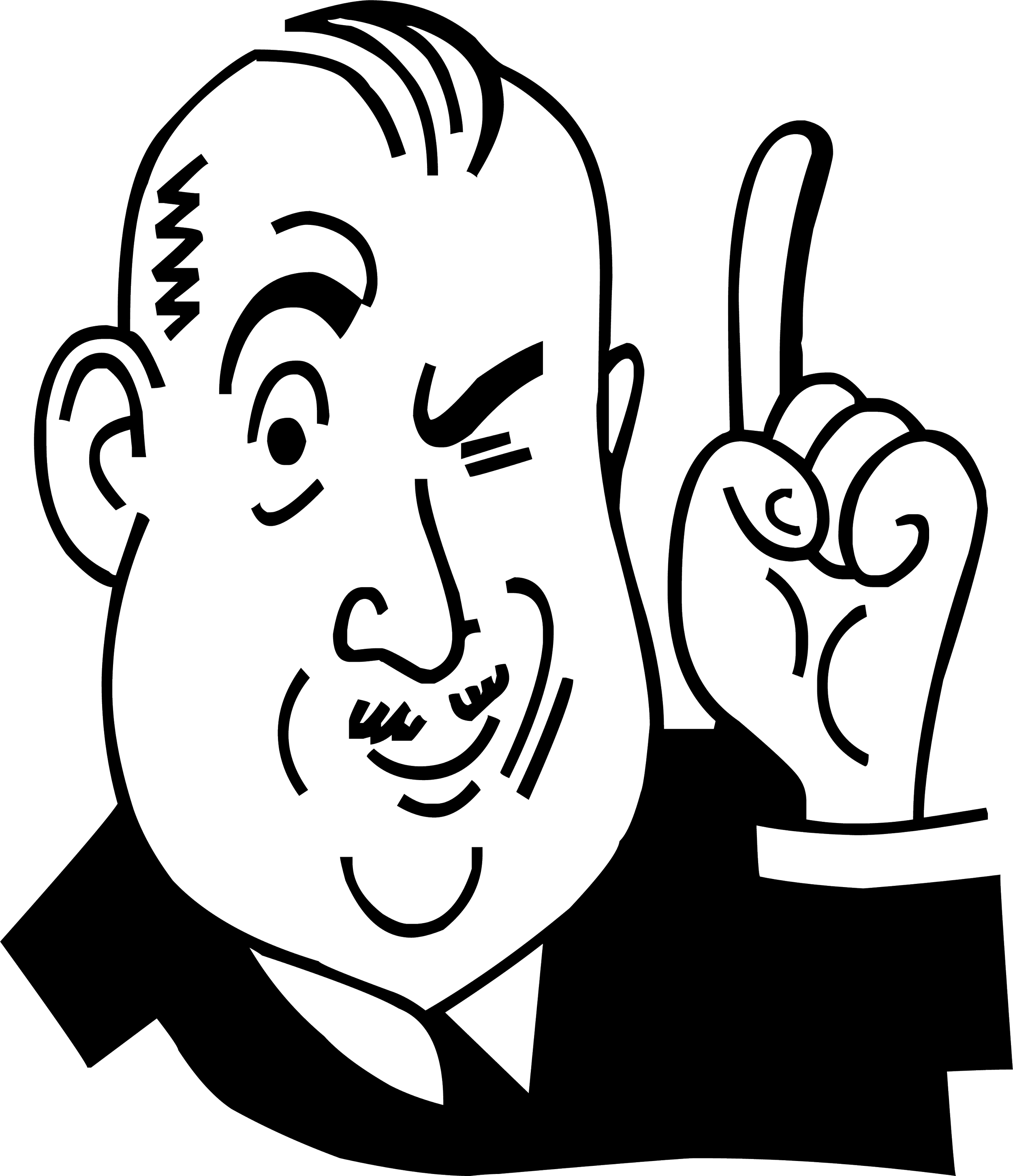 Vintage clip art of a short-haired person giving a wink and holding up one finger.