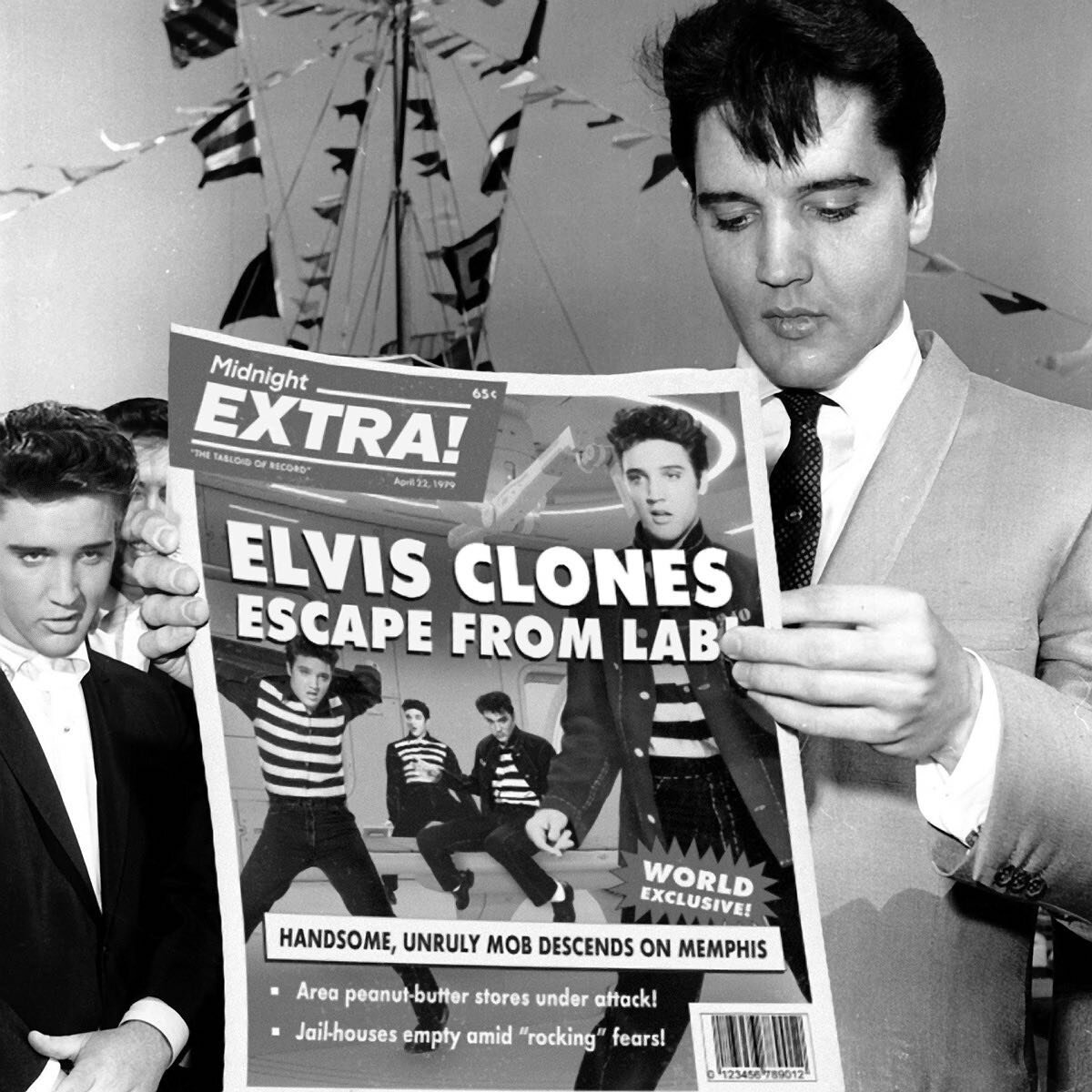 Elvis Presley, the King of Rock and Roll (and fervent reader of the Midnight Extra), reads of the CATASTROPHIC CLONE CAPER in our issue from April 22, 1979! Though his many handlers tried to keep the news a secret, the King could not be stopped from 