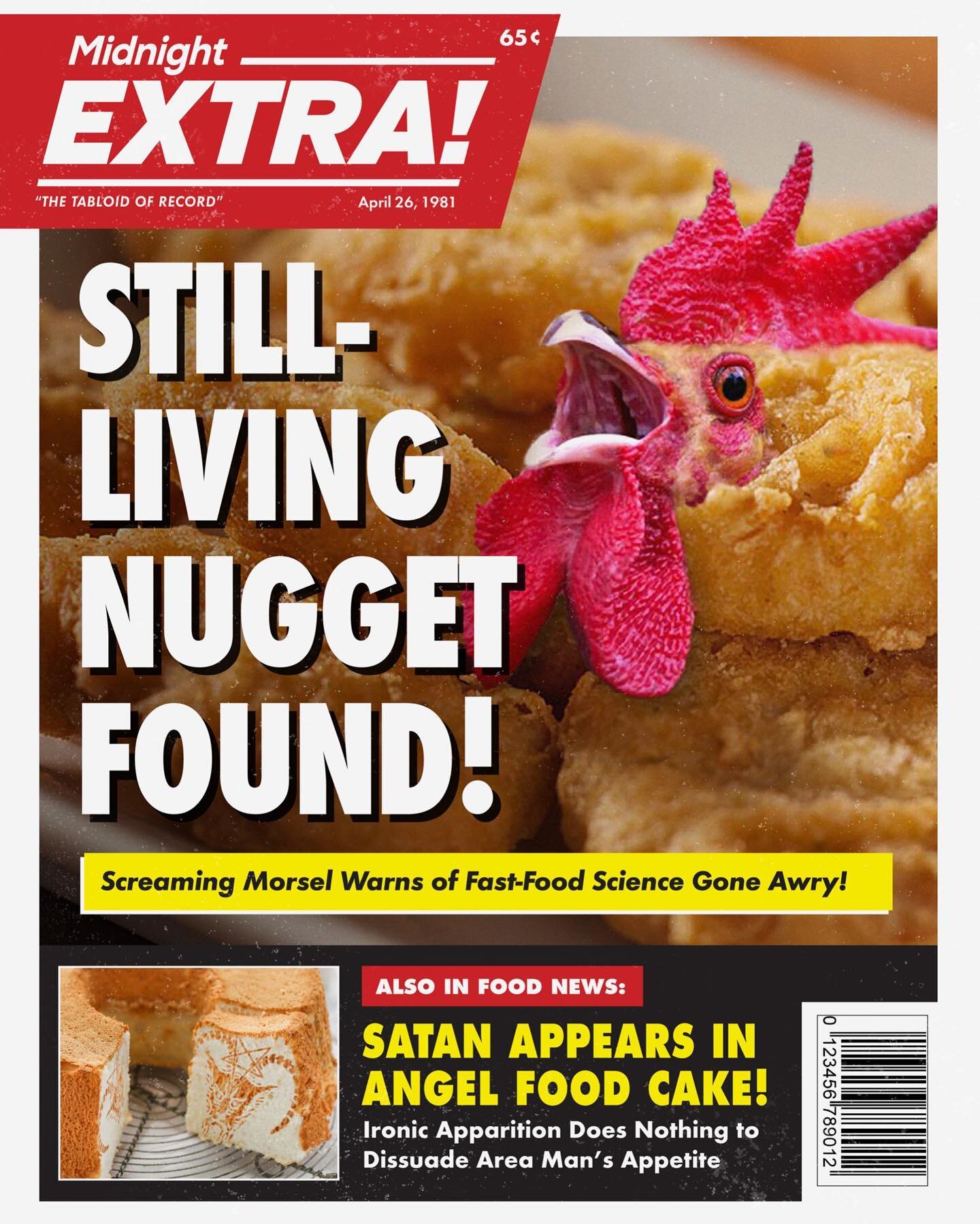 NUGGET NIGHTMARE from April,1981! Area man&rsquo;s fast-food dinner SPIRALED INTO MADNESS when he found a single chicken nugget STILL ALIVE in the box! The half-nugget SCREAMED A WARNING of GENETIC ENGINEERING and fast-food experiments GONE AWRY! Whe