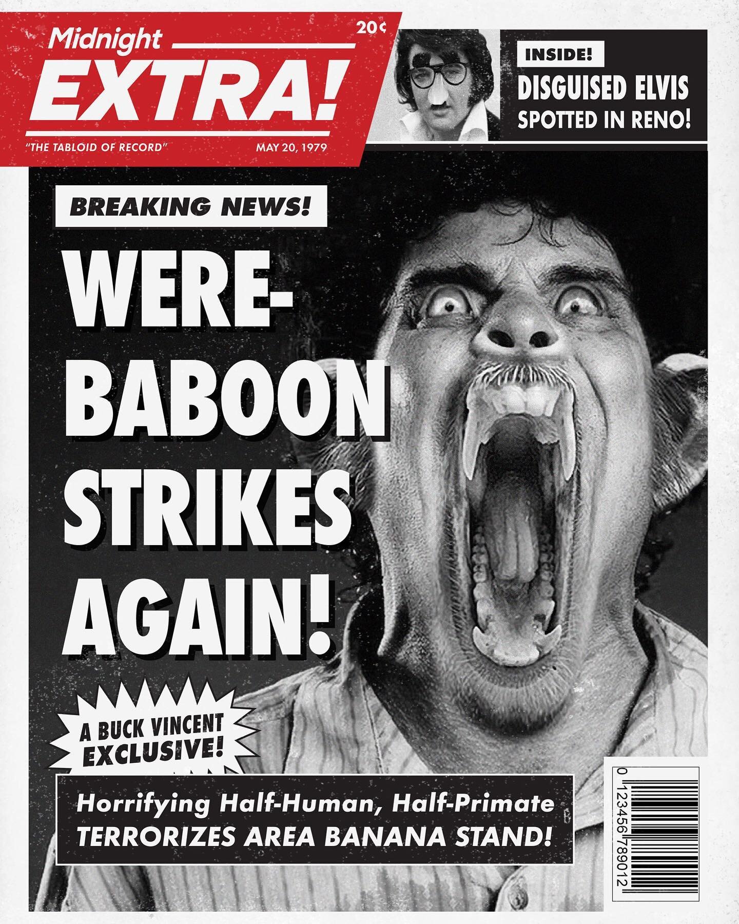 PRIMATE PANIC from 1979! Local banana retailers report HORRIFIC ATTACKS from a half-man HALF-BABOON! The creature seems drawn by the FULL MOON and PROWLS the local produce stands. NO FRUIT IS SAFE! Authorities are issuing a strict curfew on all MANGO