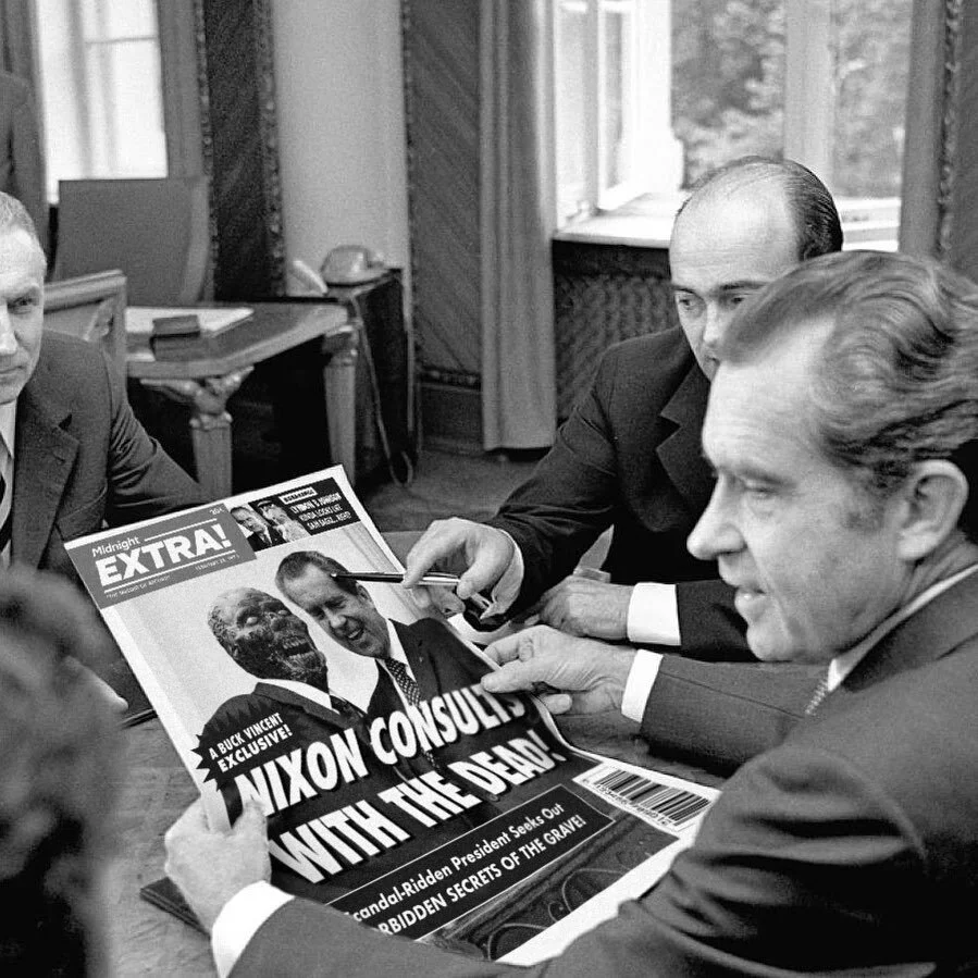 STUNNED PRESIDENT Richard Nixon reads our EXPLOSIVE REPORT on his UNDEAD ADVISORS! The living advisors surrounding him are SHOCKED AND REPULSED by the news. Just another SCANDAL for the already disgraced Nixon, and the one that would ultimately cause