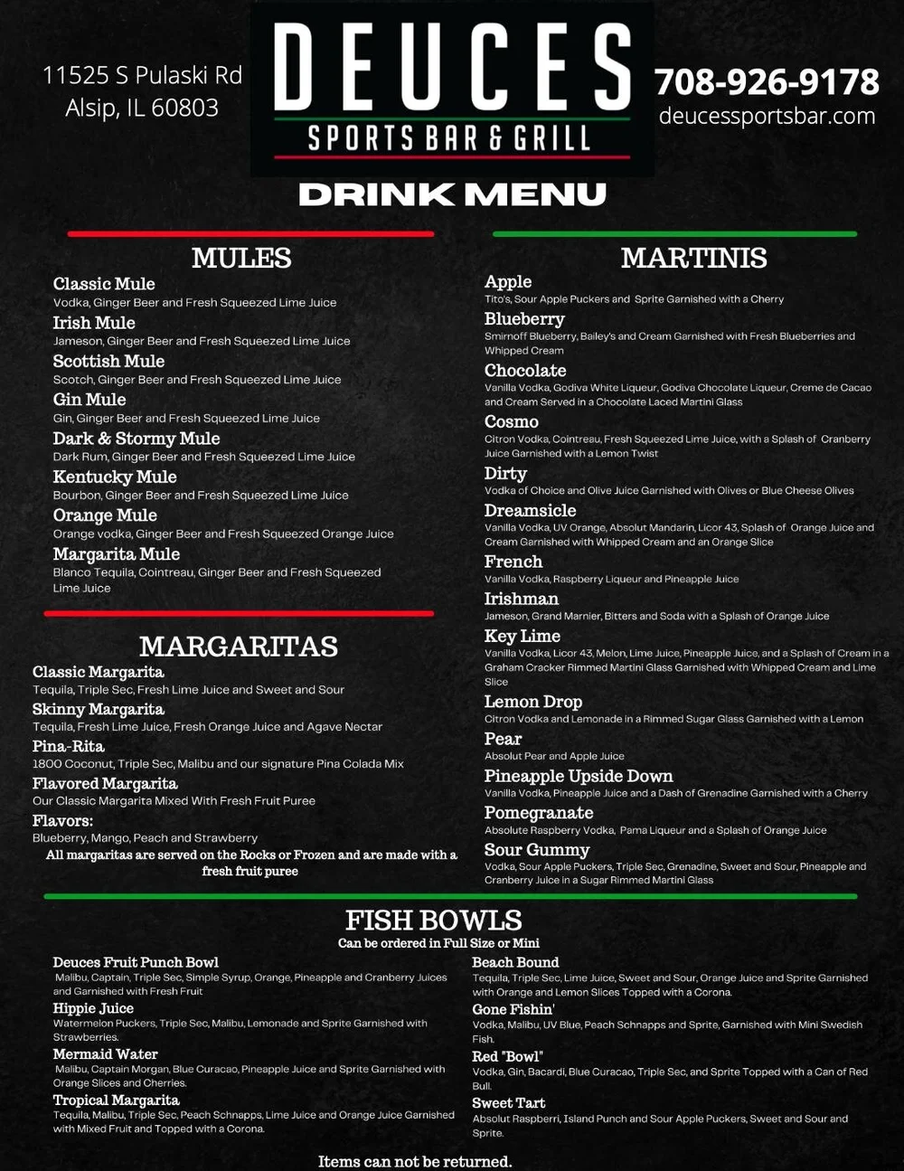 Sports Bar Drink Menu