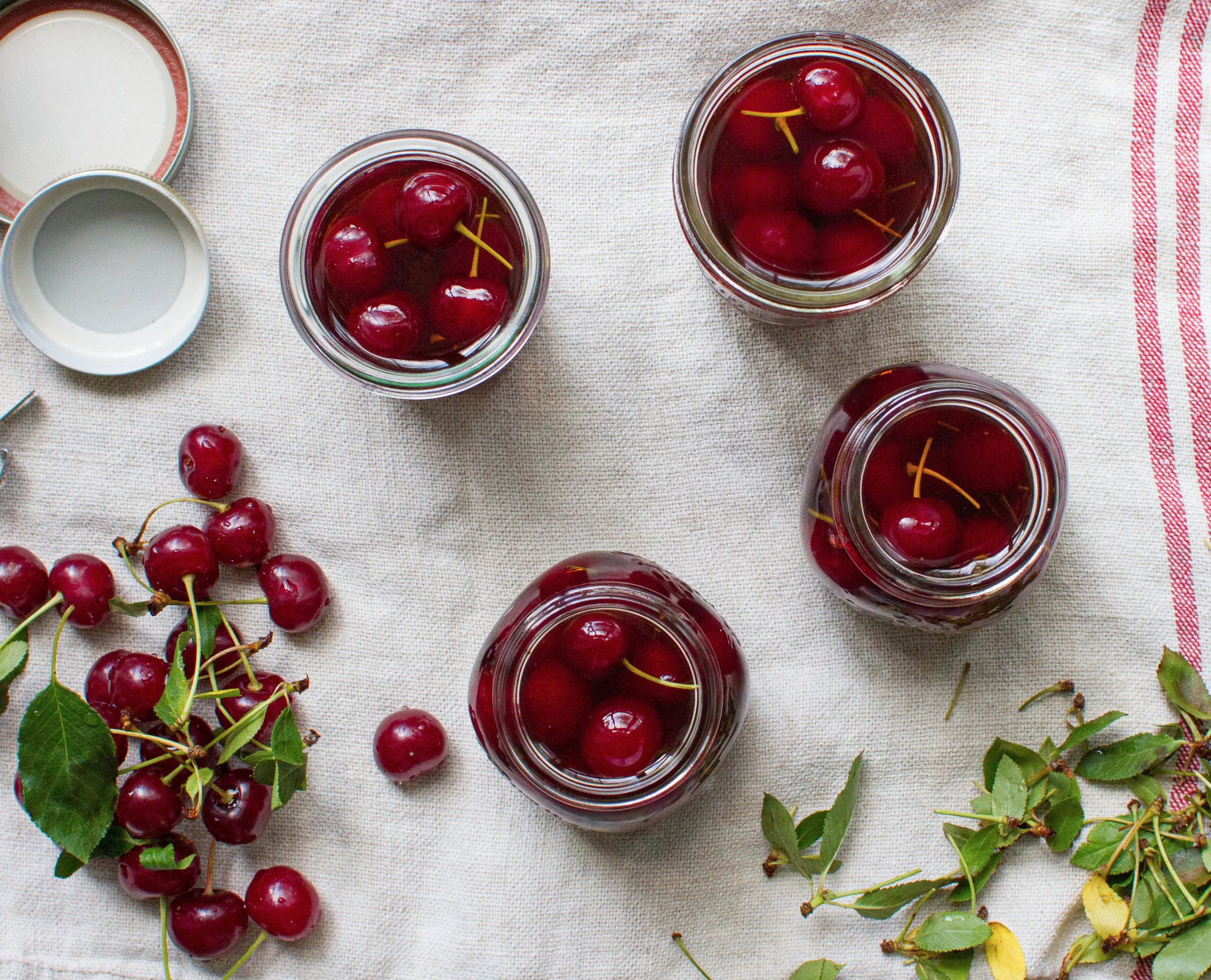 Sour cherries preserved in brandy during their fleeting season.