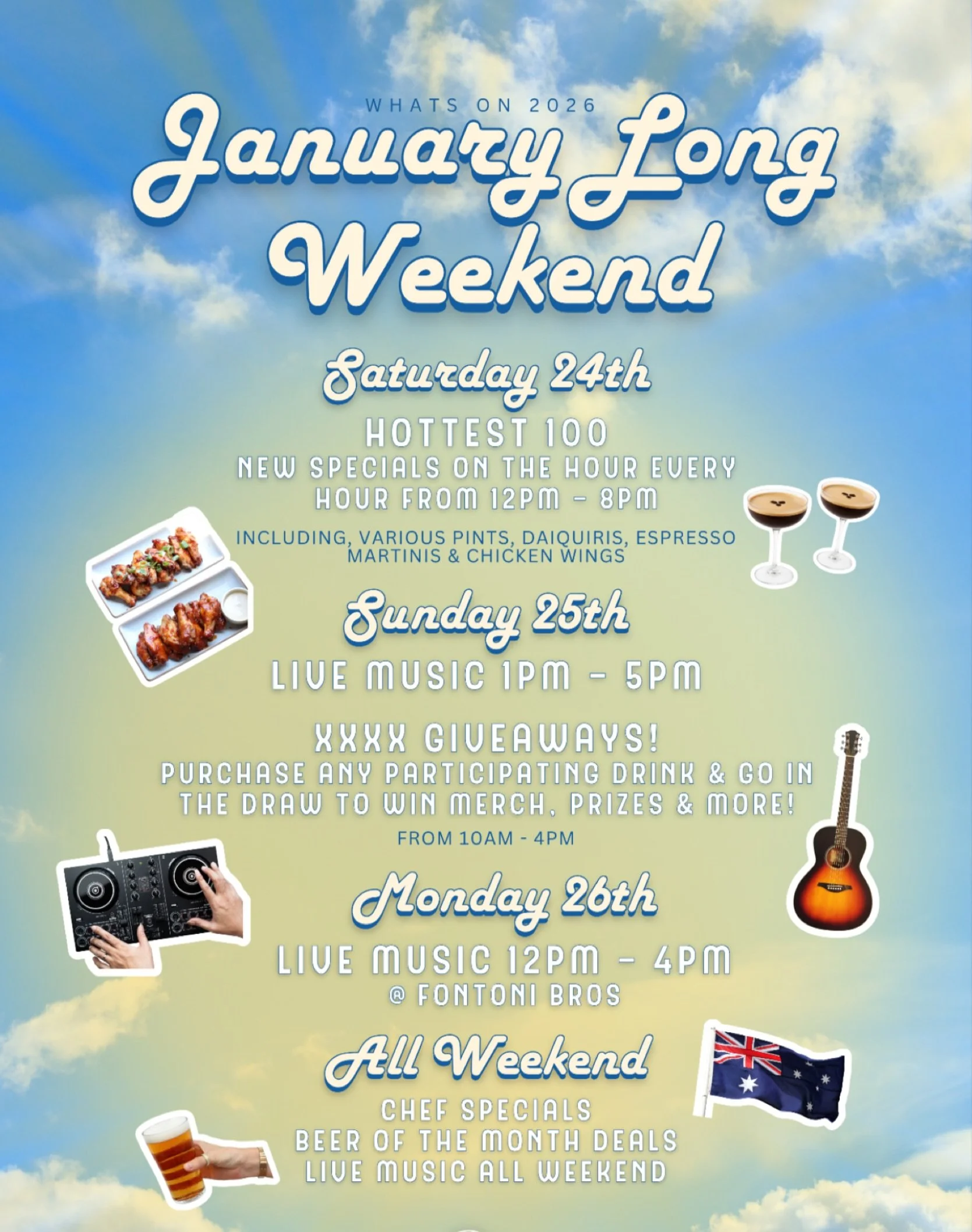 This weekend!!!☀️ The long weekend is nearly here &amp; heres whats on!

Make a table reservation via the link in our bio for a guaranteed table! Walks ins also available in the Sports Bar &amp; at our Lakeside area🫱🏼&zwj;🫲🏽