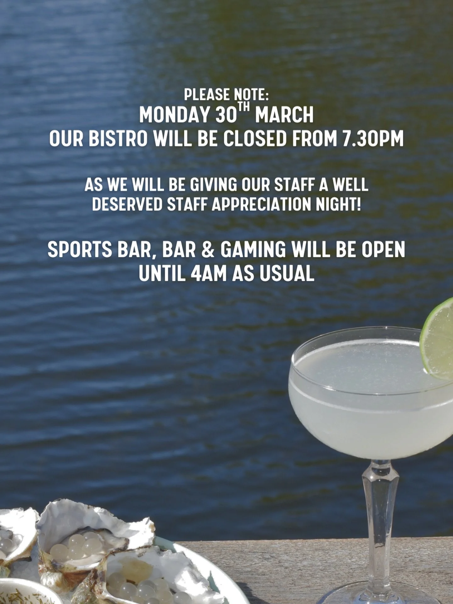Reminder to all our Kitchen will be closing early at 7.30pm tonight. Sports bar &amp; gaming will be open until 4am as usual! Serving drinks until 2am as usual 🌟