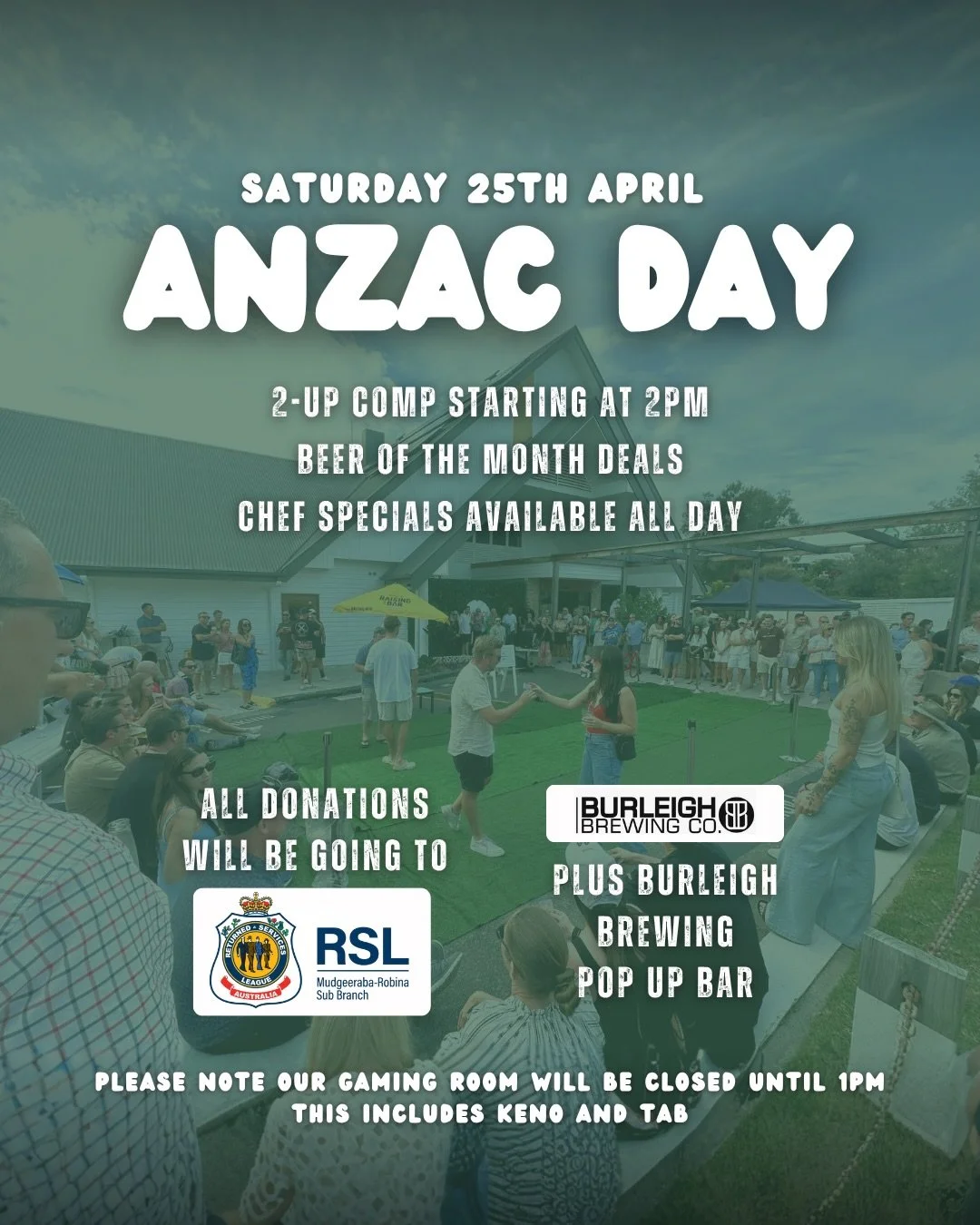 Join us for whats set to be a HUGE day! (and hopefully a much drier one too😅)

This Anzac Day we&rsquo;re bringing the community together while supporting those who have served, with all donations made going to @rslqueensland Mudgeereeba &amp; Robin