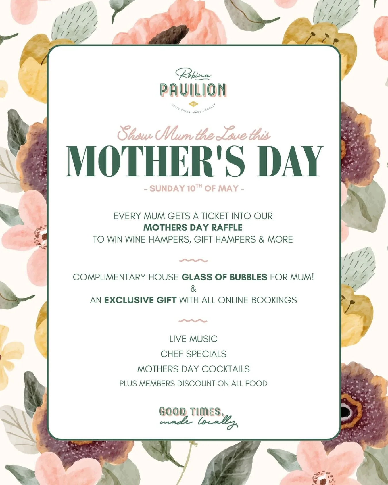 If you&rsquo;re in charge of Mother&rsquo;s Day plans this year, we&rsquo;ve made it easy for you😉

🥂Complimentary bubbles for mum
💐Exclusive gift with online bookings
🍾Raffle entry for every mum!
✨Live music, chef specials &amp; specialty cockta