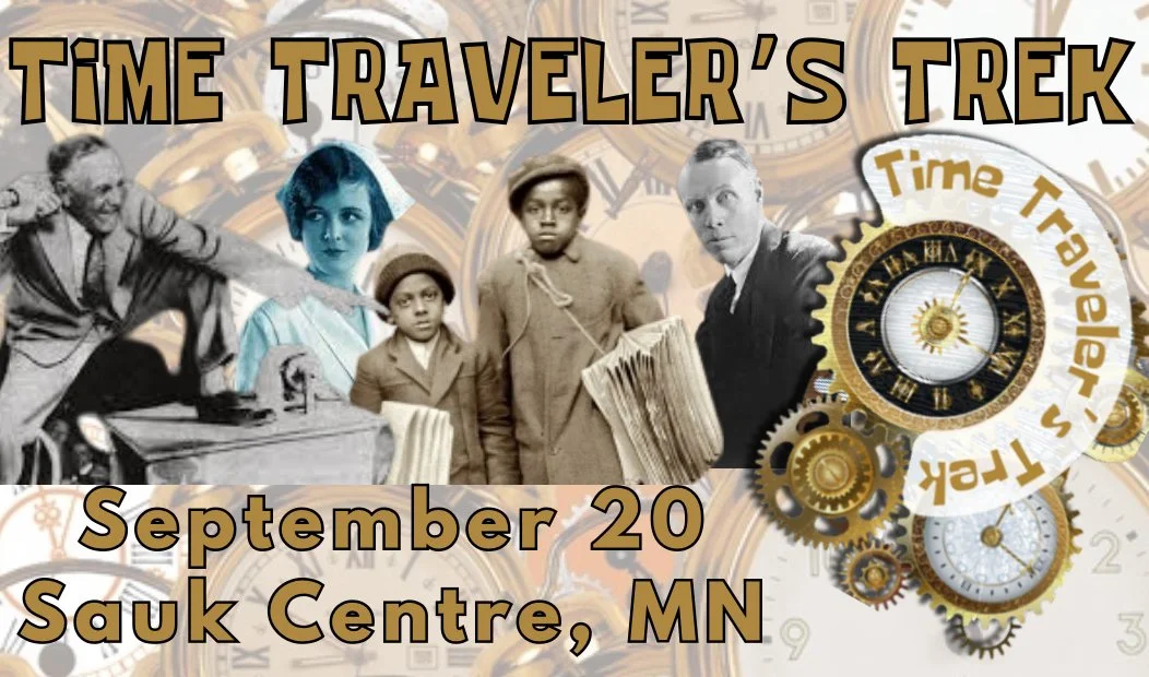 Promotional poster for an event called 'Time Traveler's Trek,' showing a collage of historical figures and vintage clocks with event details in text.