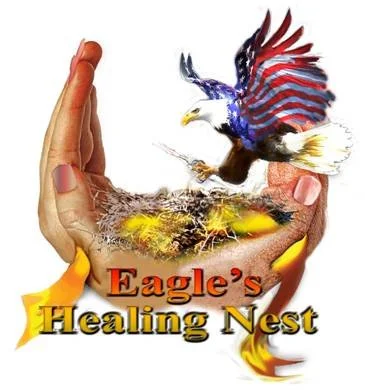 Two hands forming a nest with an eagle and a bird of prey, with text 'Eagle's Healing Nest' beneath.