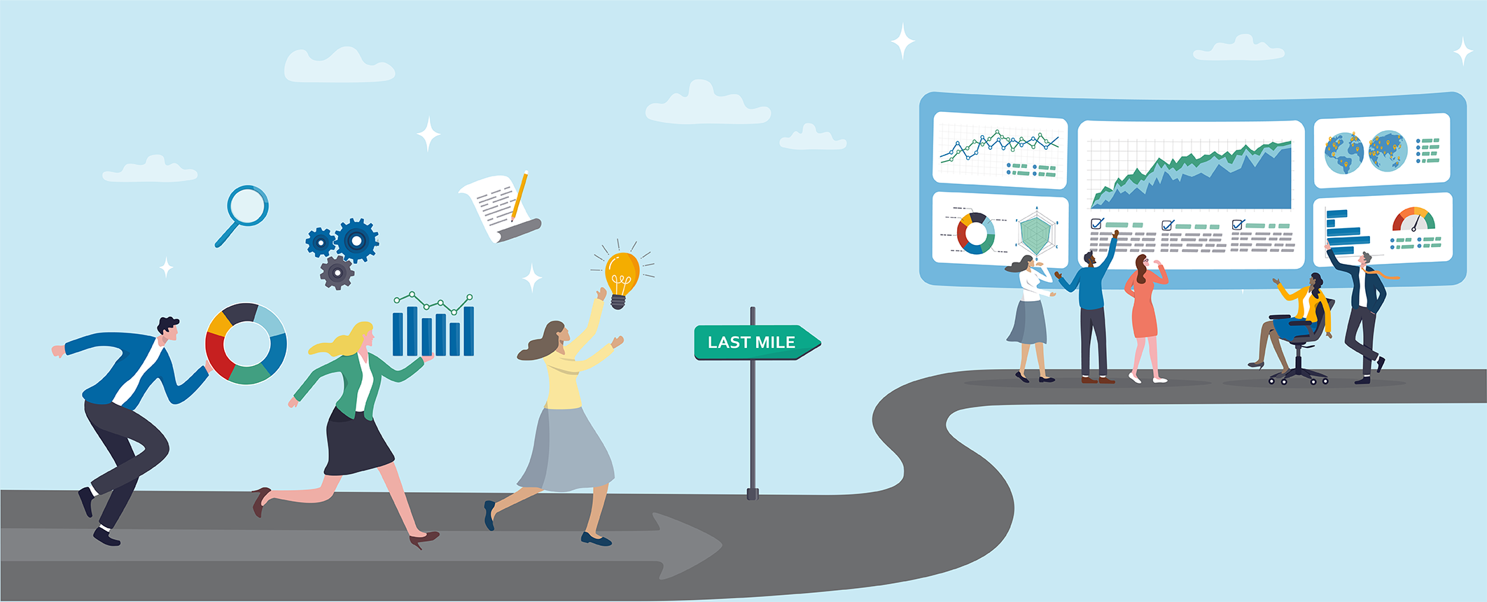 Image of three people holding charts, graphs, light bulbs and running towards last mile sign