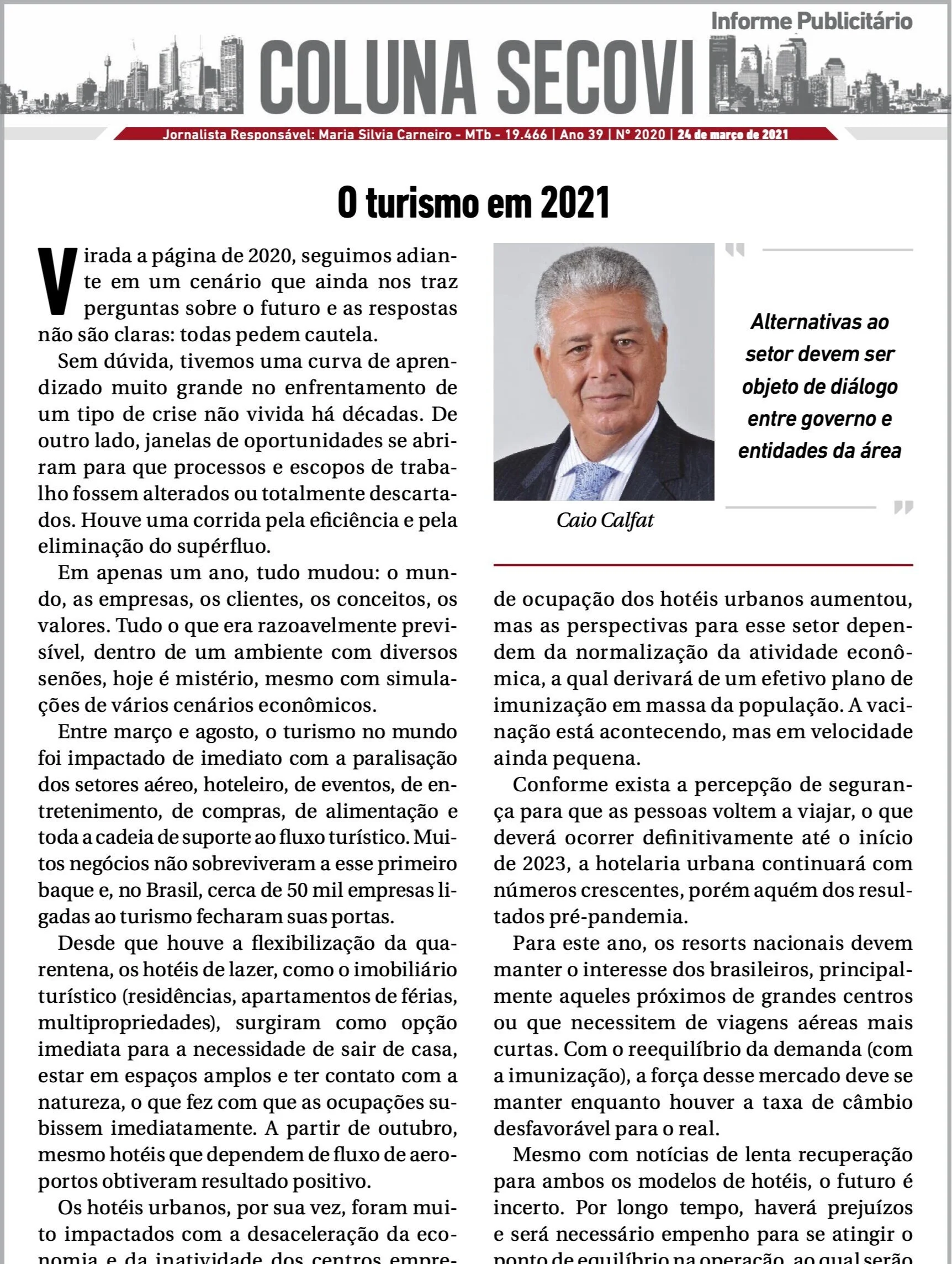 Estadão - Coluna SECOVI: O turismo em 2021