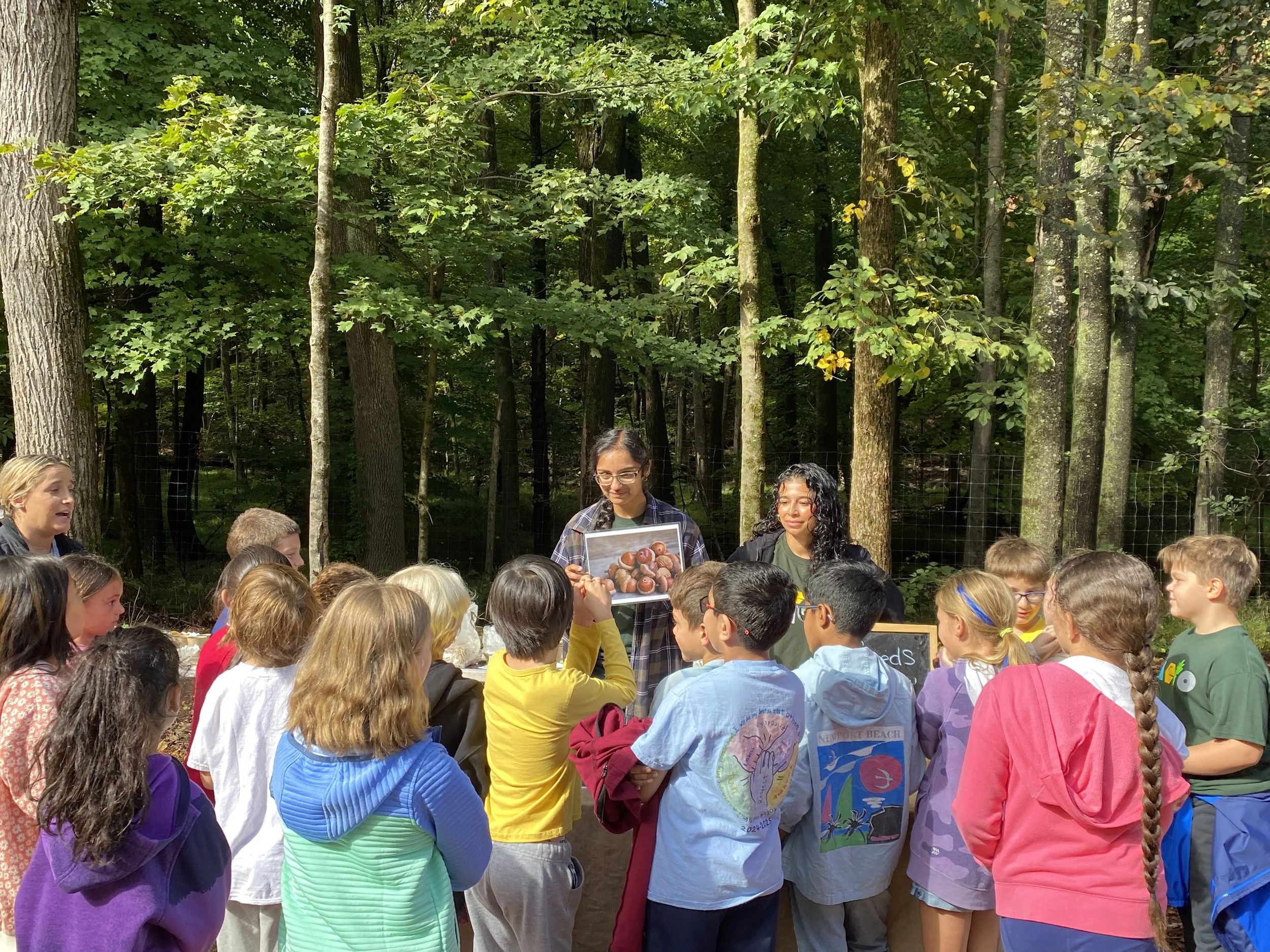 A group of children and two women outdoors in a wooded area, participating in an educational activity. One woman is holding a picture of nuts or seeds, and the children are gathered around listening attentively.