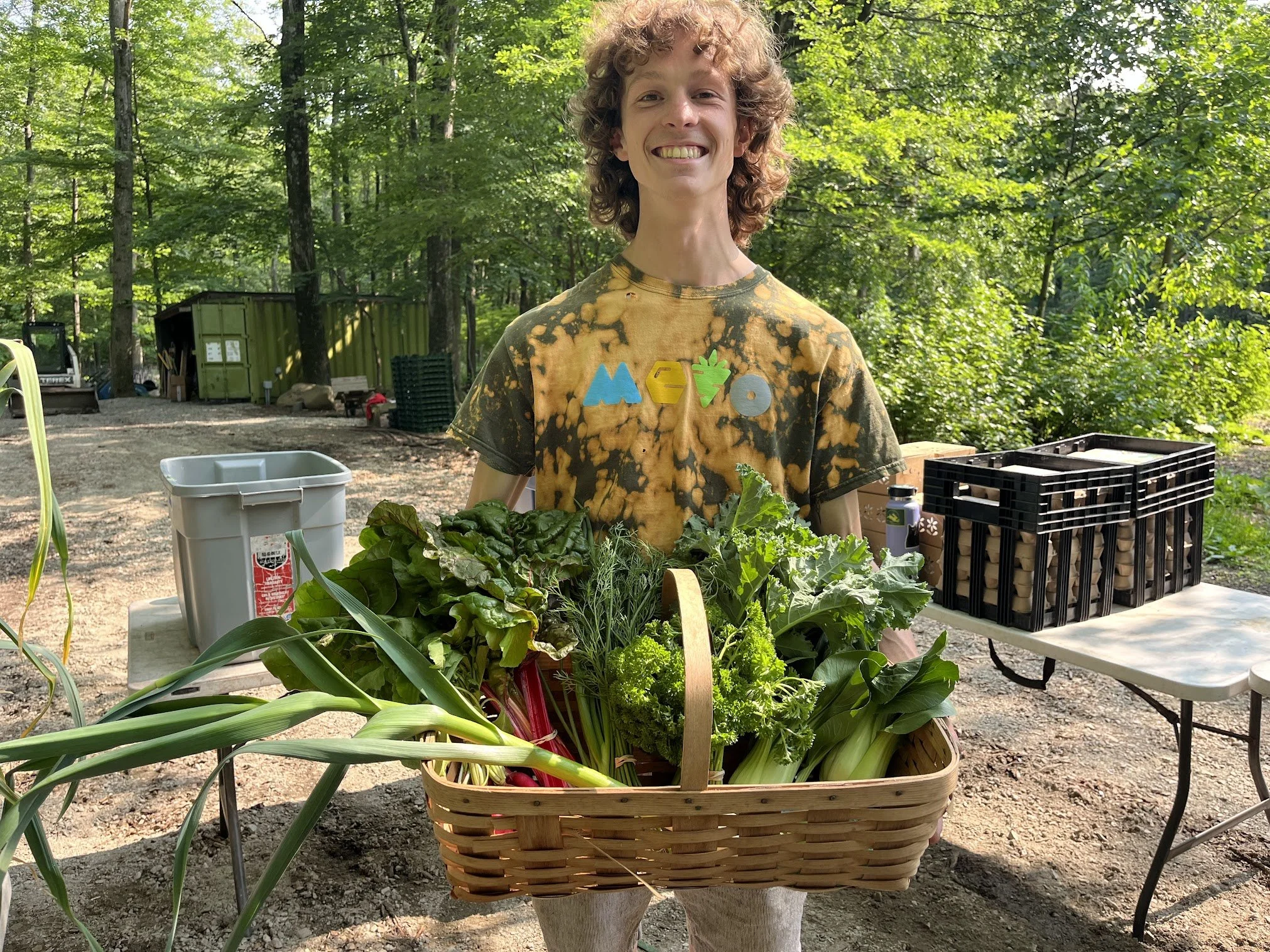 Person smiling and holding a basket filled with fresh vegetables including leafy greens, herbs, and a leek in an outdoor setting surrounded by trees, with tables and crates in the background.