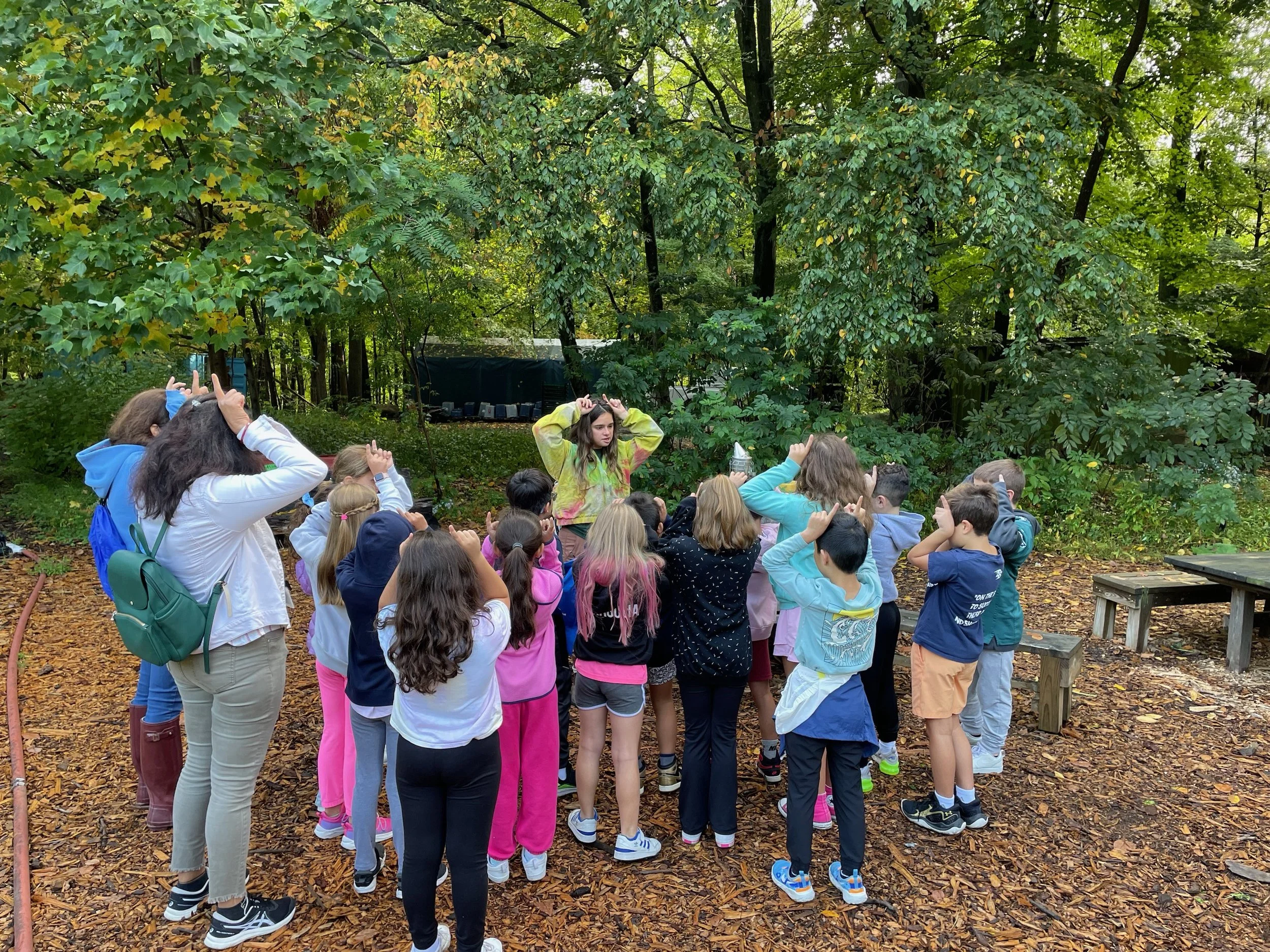 Group of children and a woman standing outdoors in a woodsy area with green trees and fallen leaves. The children are gathered around the woman, listening to her, with many holding their hands to their heads.