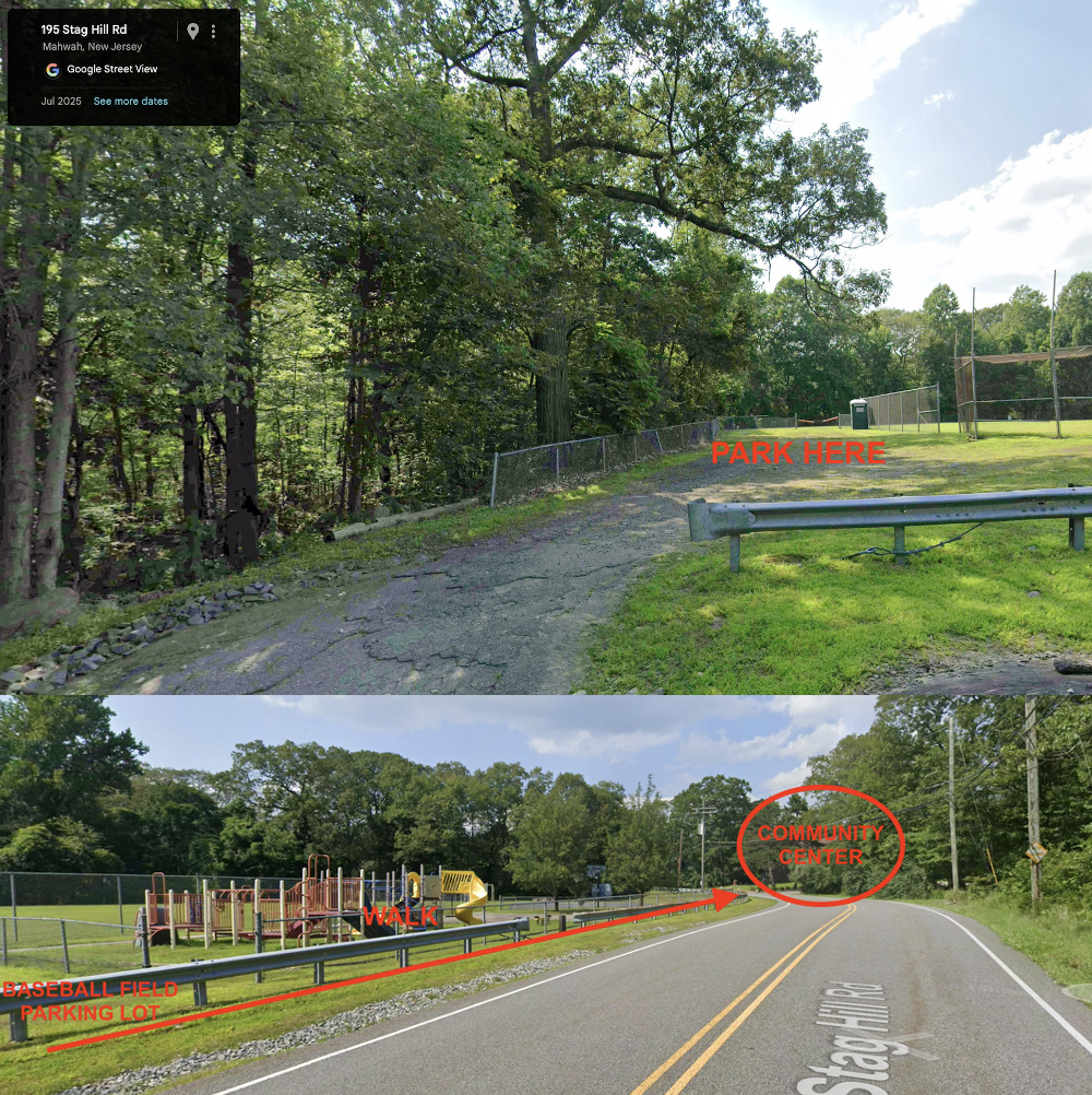 The image shows a park area with a path leading to a baseball field and a community center. The top part of the image displays a wooded area with a sign indicating where to park. The bottom part shows a paved road with a playground adjacent to it, marked with labels for a baseball field parking lot, a walking path, and the community center in the distance.