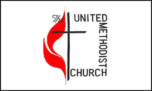 Logo of United Methodist Church with a red flame, a white cross, and black text