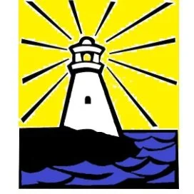 Lighthouse on a rocky coastline with waves, shining light rays into the sky, yellow background