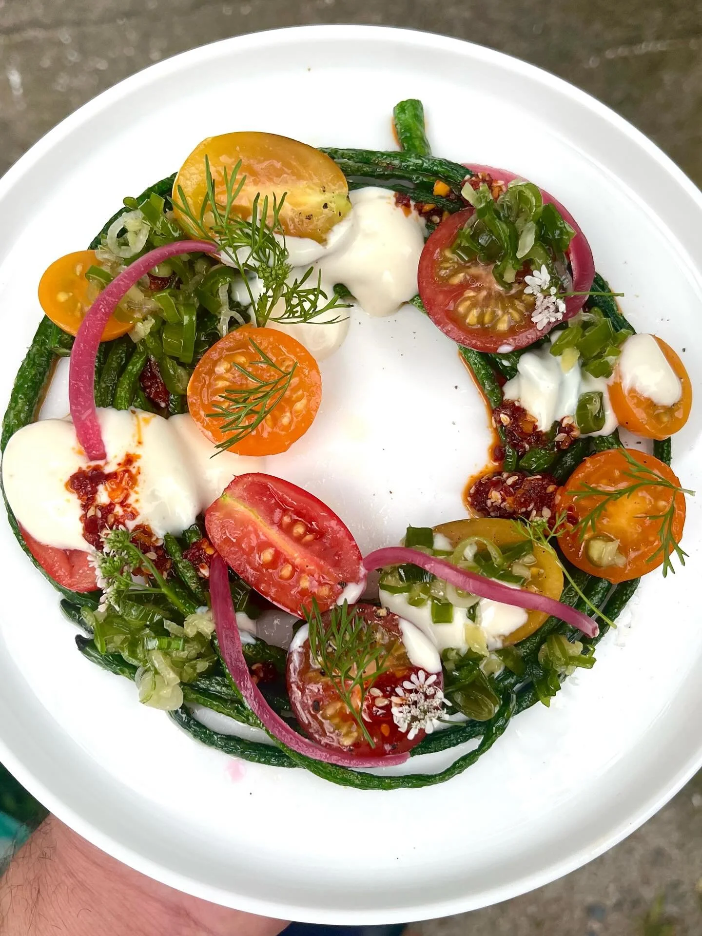 ✌️Long Beans, Long Life&hellip; Here&rsquo;s a little special using some of the goodies from @strattonsfarm &hellip; Noodle beans, heirloom toms, ginger scallion sauce, tofu ranch &amp; chili crisp ✌️
