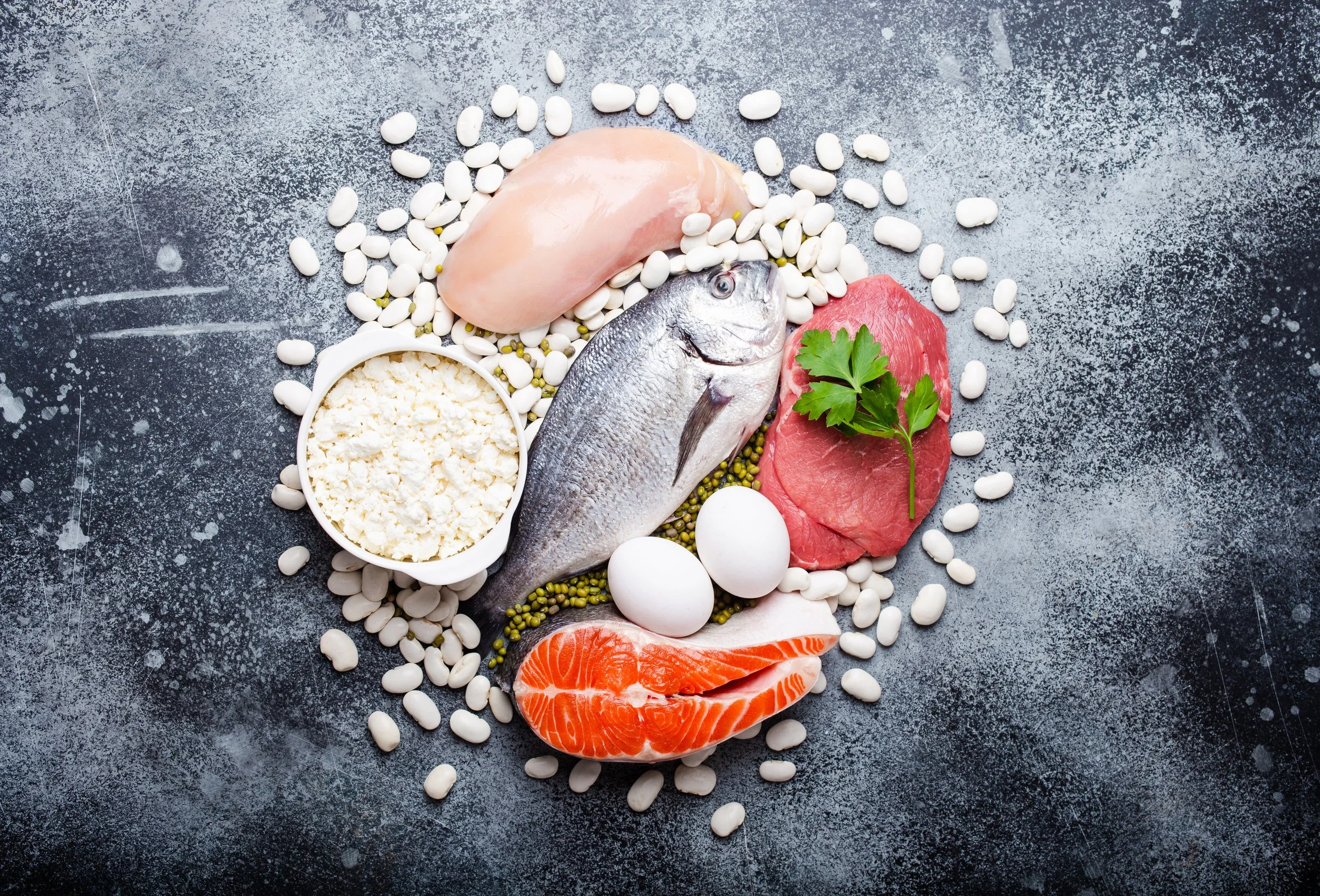 Assorted food products rich in protein arranged as healthy protein sources supporting midlife strength training and longevity.