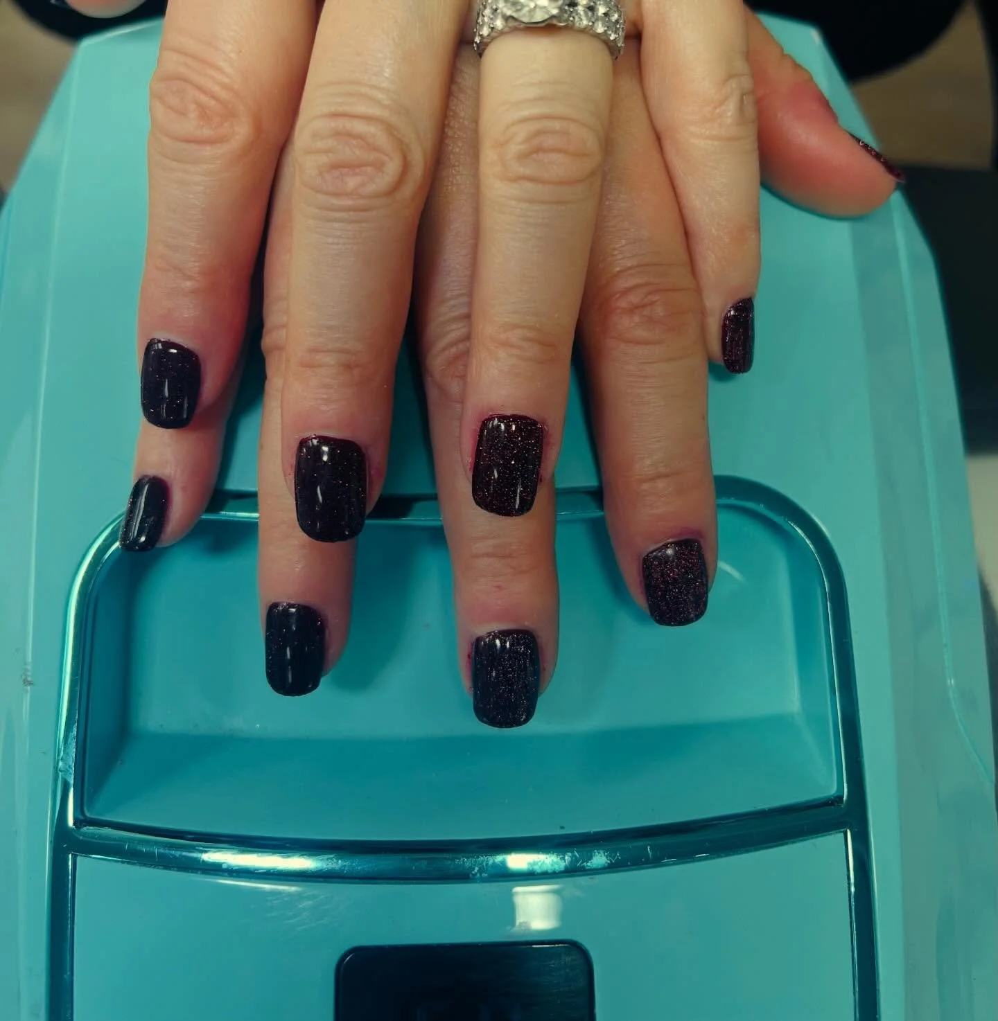 Loving my nails. Ready for Vday!! Burgundy with sparkles!! THINKING OF A GIFT CARD? THINKING OF A VDAY GIFT?? The only place I will ever trust @wexfordnailsnspa Always super clean, friendly and did I say, clean???🧼 #nailsbyKim #nailsbyWexfordNails