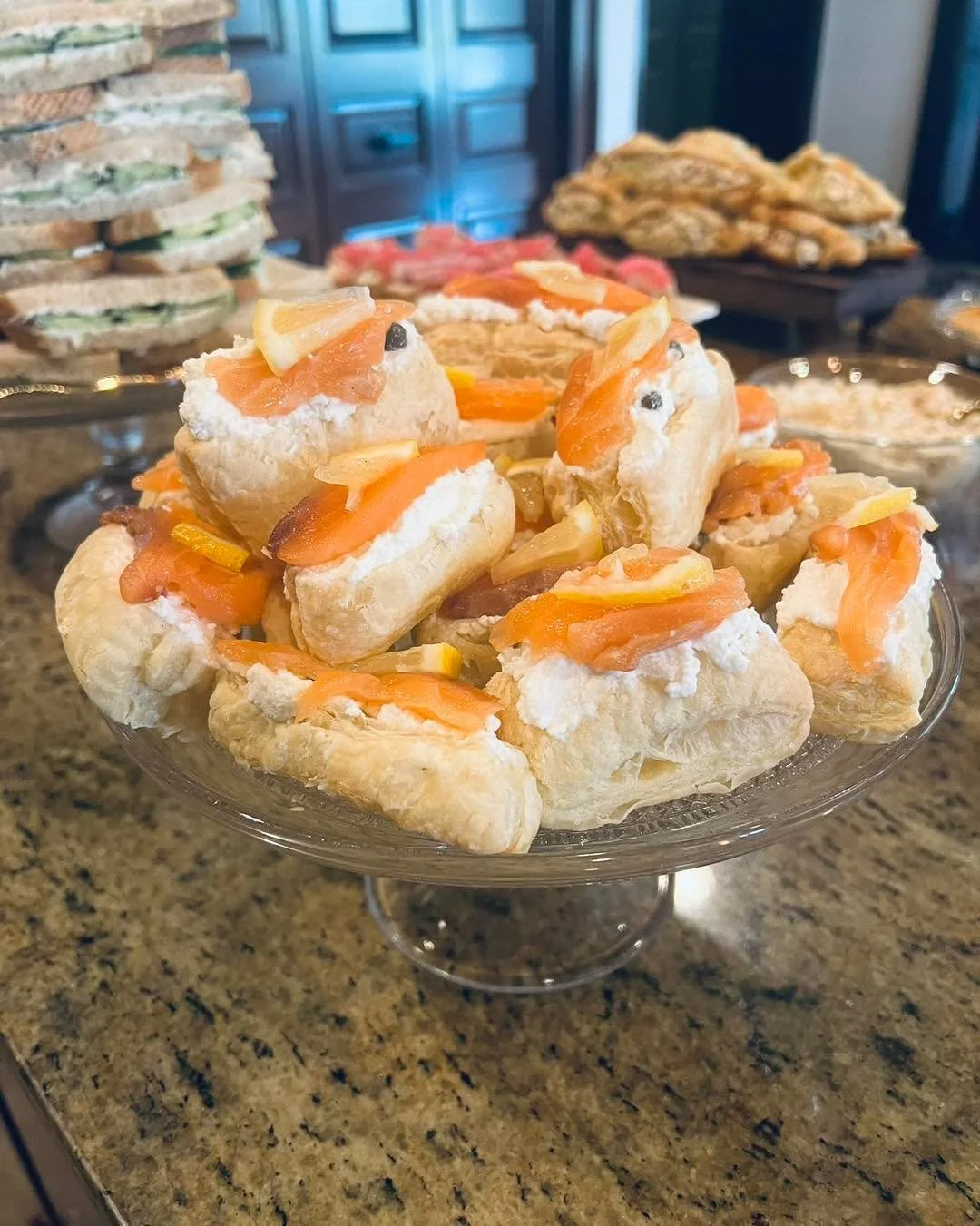 A beautiful bridal shower for one special bride to be!!
Tea sandwiches, scones, jams and whipped cream! 😋  Cucumber sandwiches, Croissant stuffed with Waldorf Chicken Salad, Puff Pastry with Smoked Salmon and Fried Capers, Crostini with Mortadella a