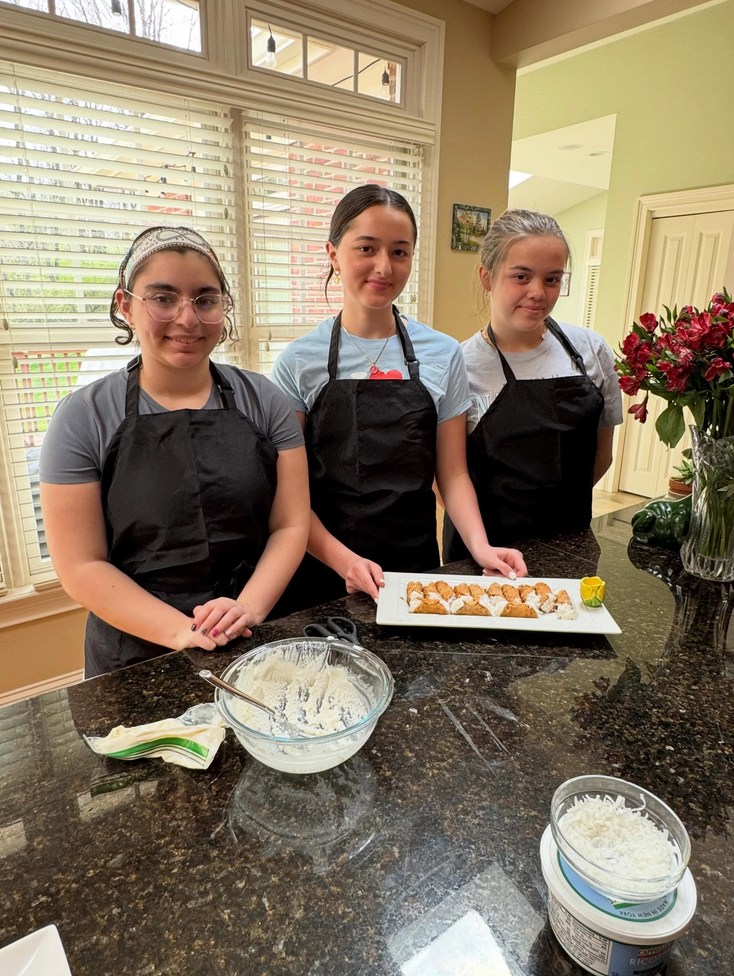 I had a pleasure, not just ONCE but TWICE to lead classes for NCL, the organization that every girl, going into 7 or 8 grade, should join. First one, we made Pasta with homemade cheese sauce, chicken, spinach and then scrumptious cannoli. Second- ETI