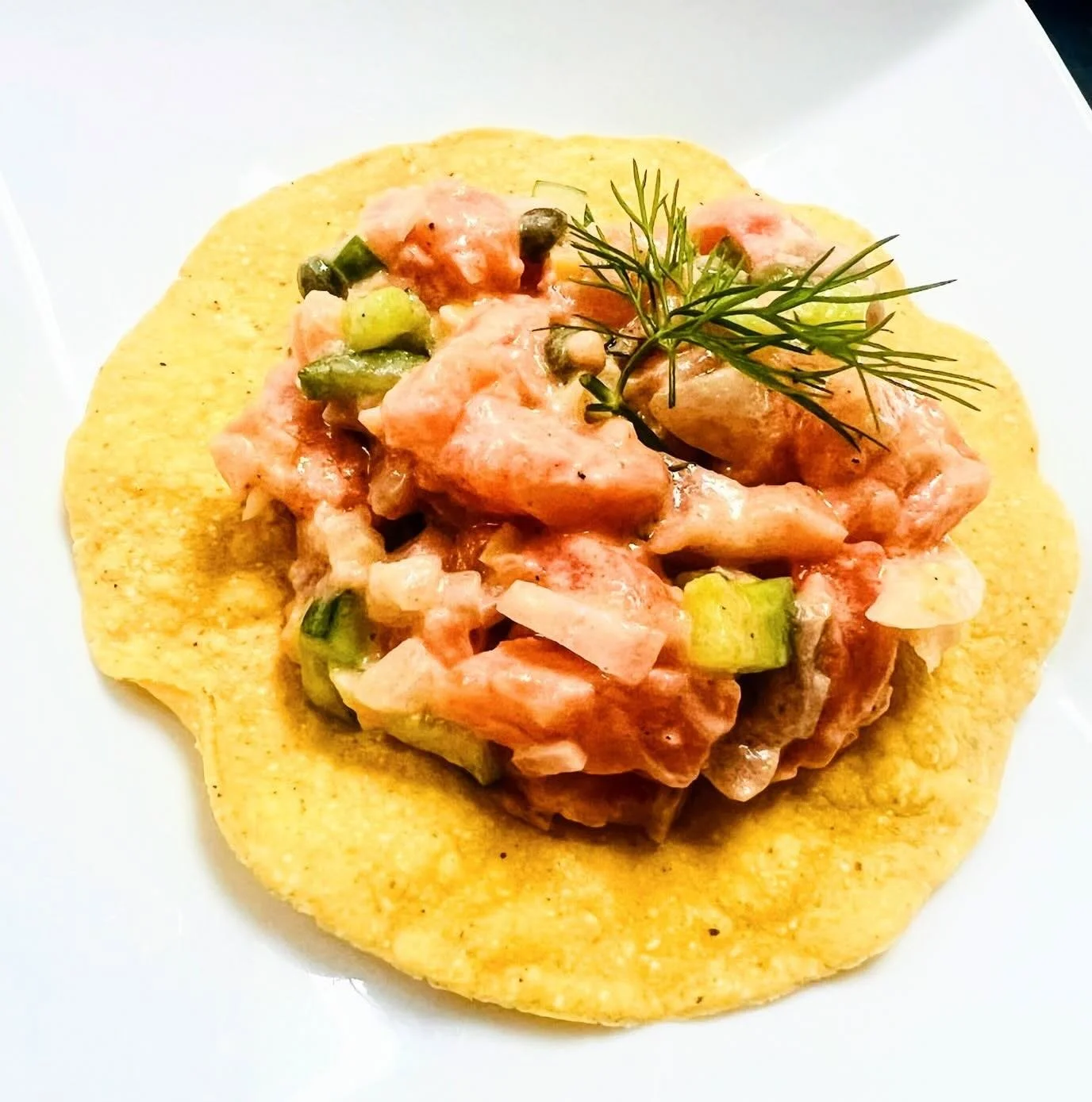 &ldquo;I Love Paris&rdquo; Dinner in the Dark! Salmon Tartar! Shrooms Tartar for non seafood guest! Red leaf salad with baked goat cheese toast drizzled with spicy honey, lychee, tomatoes, cheese, Peruvian peppers and vinaigrette! Vichyssoise soup dr