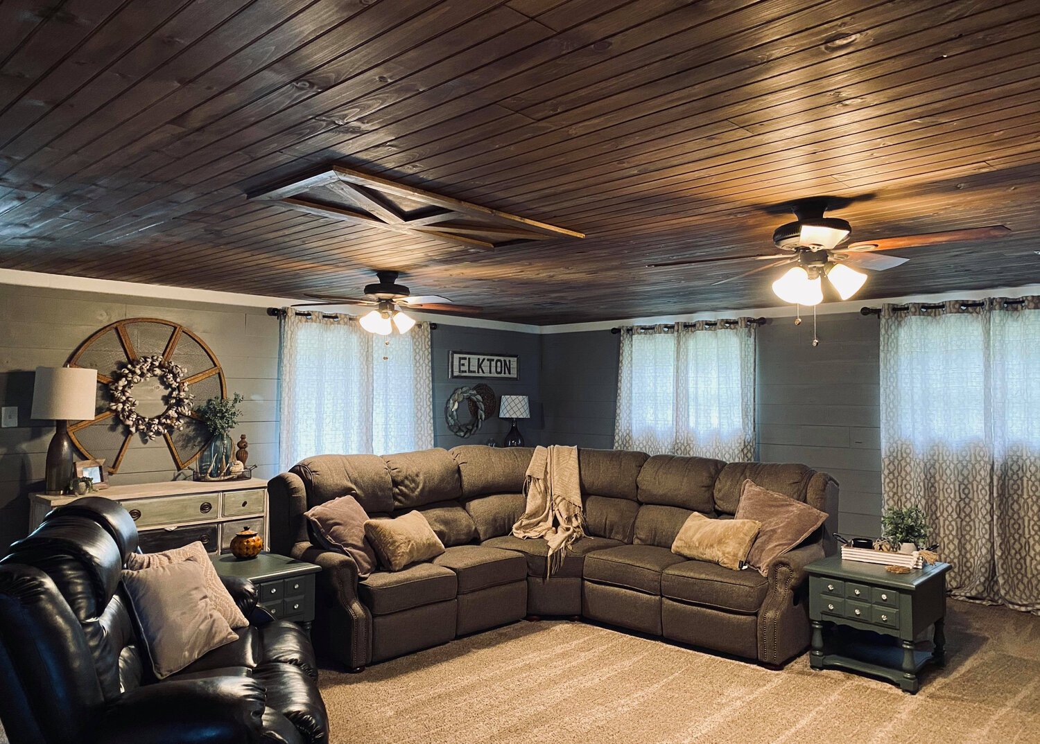  We loved seeing her make changes and overcome to create this absolutely beautiful living space. Her choices of stain for their  tongue and groove  allow so much of the character to show through, but those bold paint choices on the  shiplap  create s