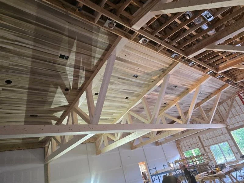 Rainbow poplar tongue and groove used in a cabin or barndominium interior.